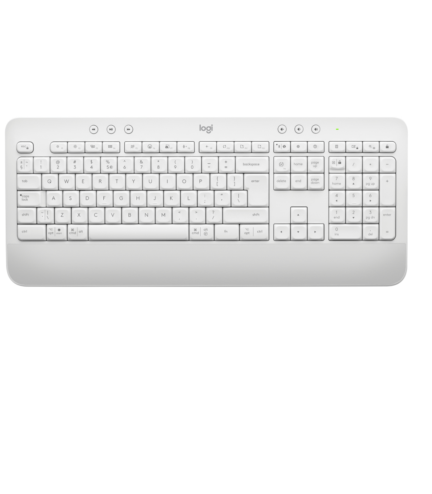 Weiße Tastatur mit zahlreichen Tasten und Funktionstasten. Das Logo ist oben.