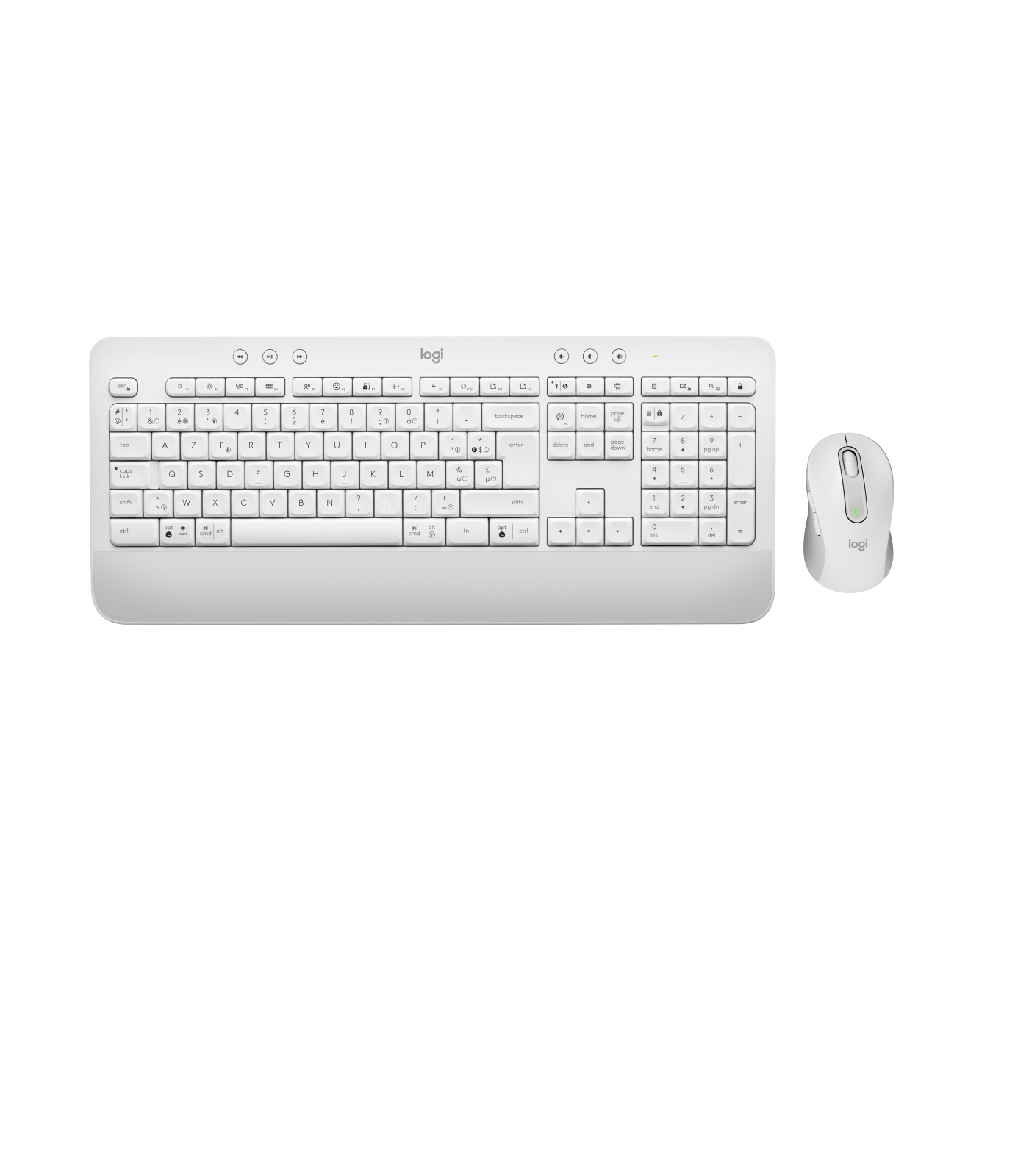 Set tastiera e mouse bianchi. La tastiera ha molti tasti e una superficie bianca.