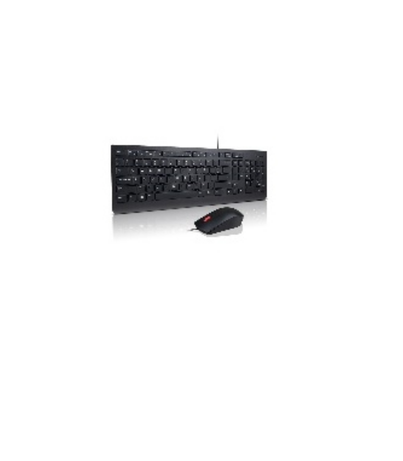 Tastiera e mouse neri su sfondo bianco, configurazione semplice.