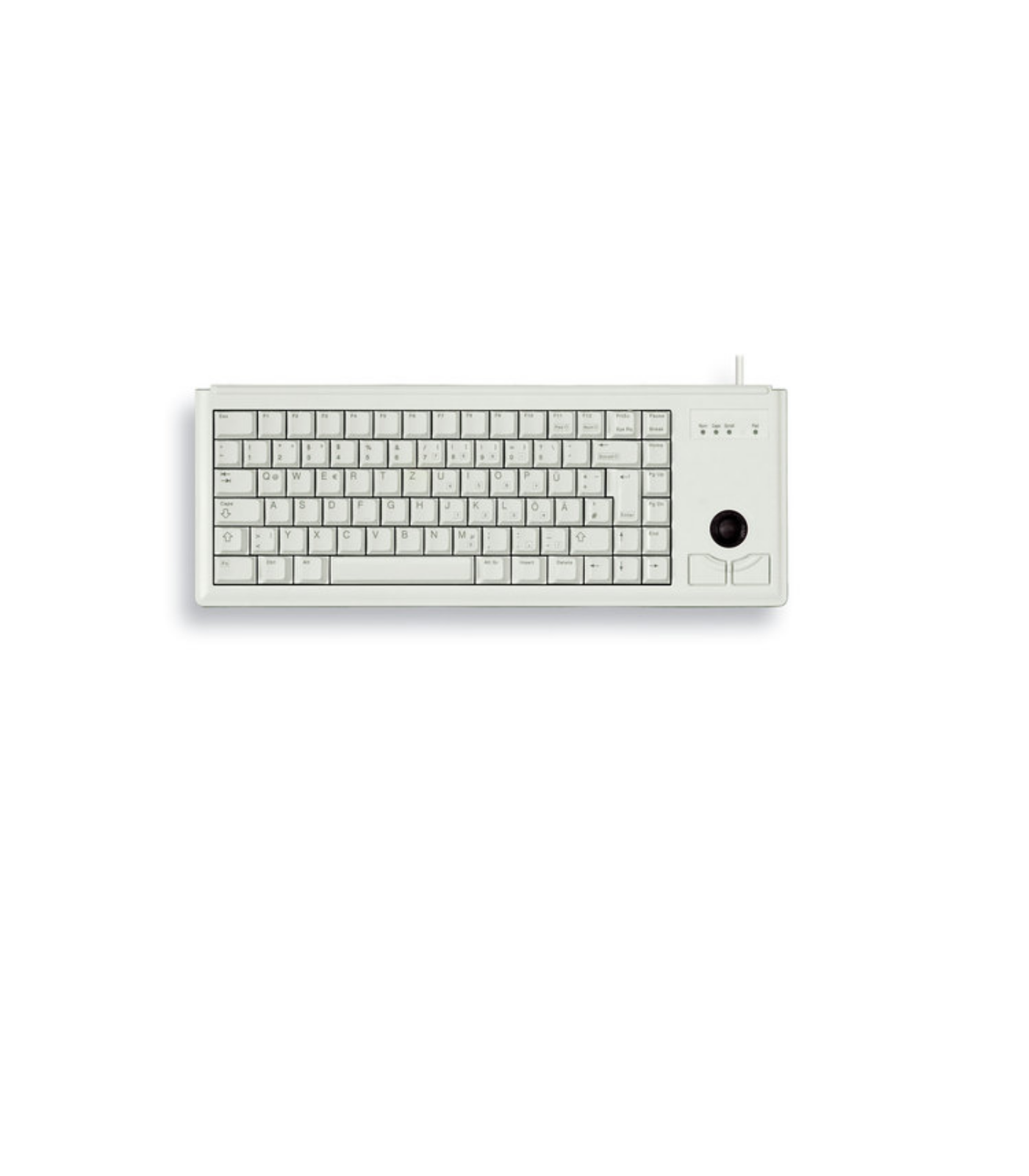 Una tastiera bianca con tasti, trackball e una piccola sezione con spie.