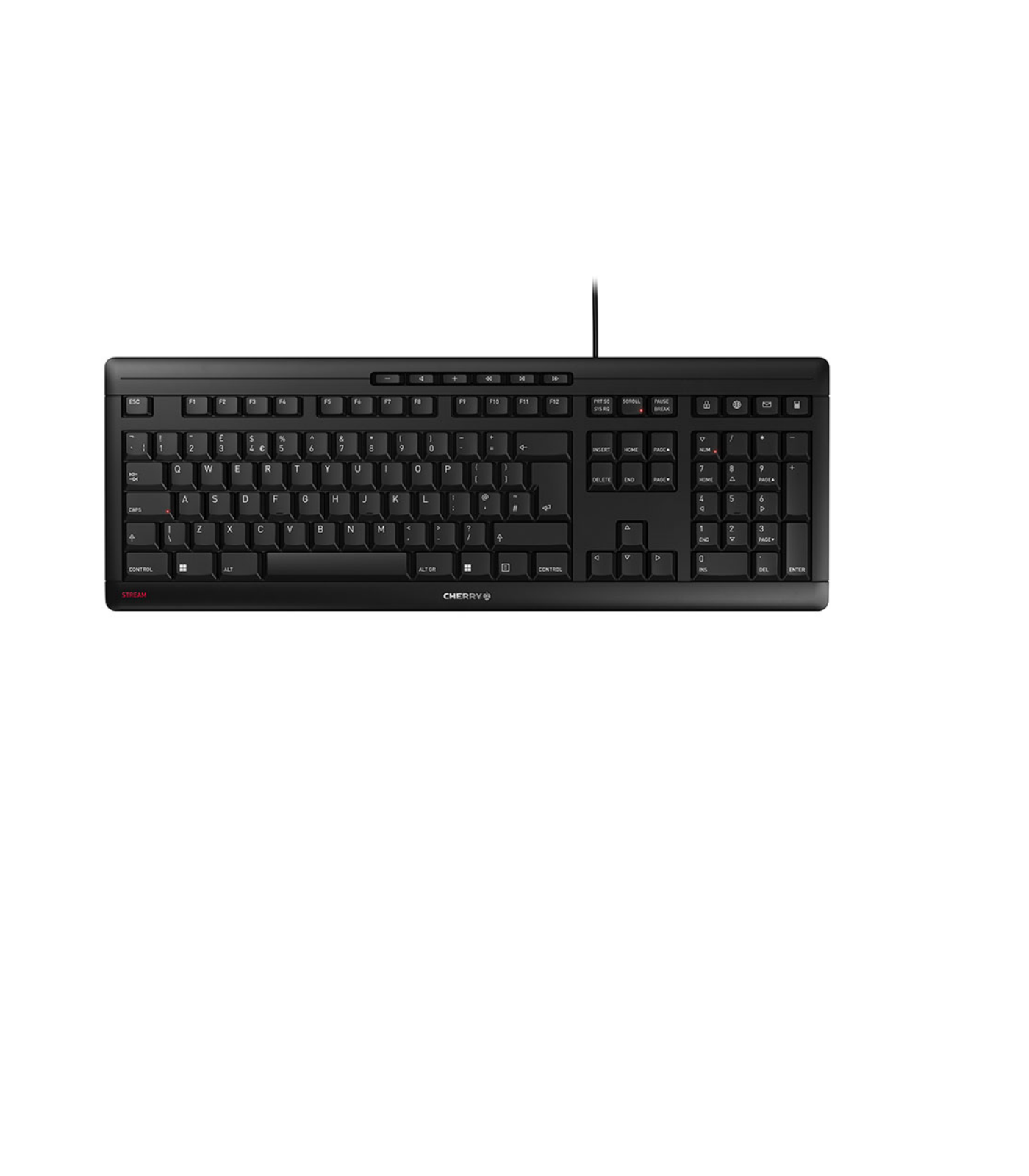 Schwarze Cherry-Tastatur mit weißen Buchstaben und Zahlen, auf weißem Hintergrund, mit Kabel.