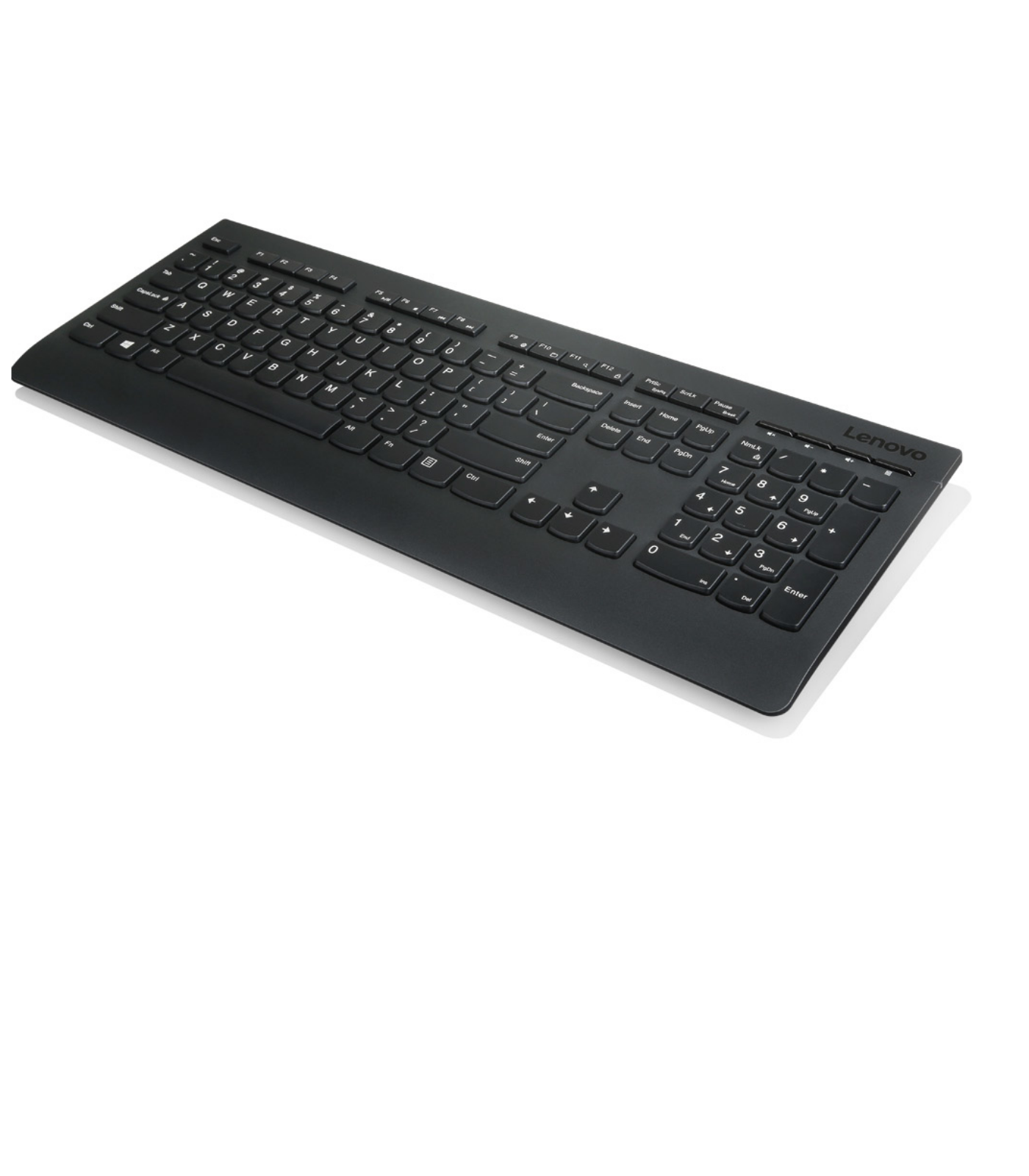 Czarna klawiatura Lenovo z białymi literami. Klawiatura znajduje się na białym tle.