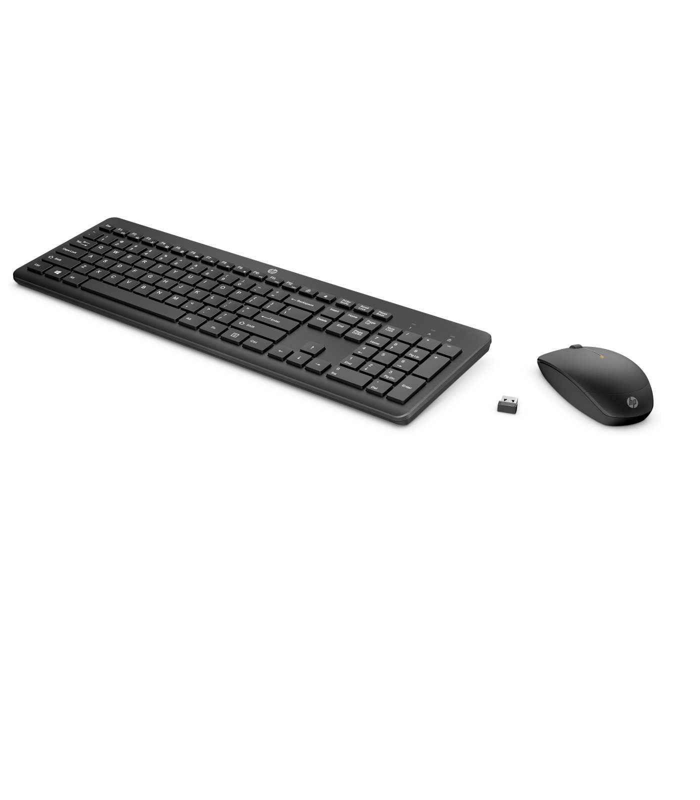Un set di tastiera e mouse neri con un ricevitore USB su una superficie bianca.
