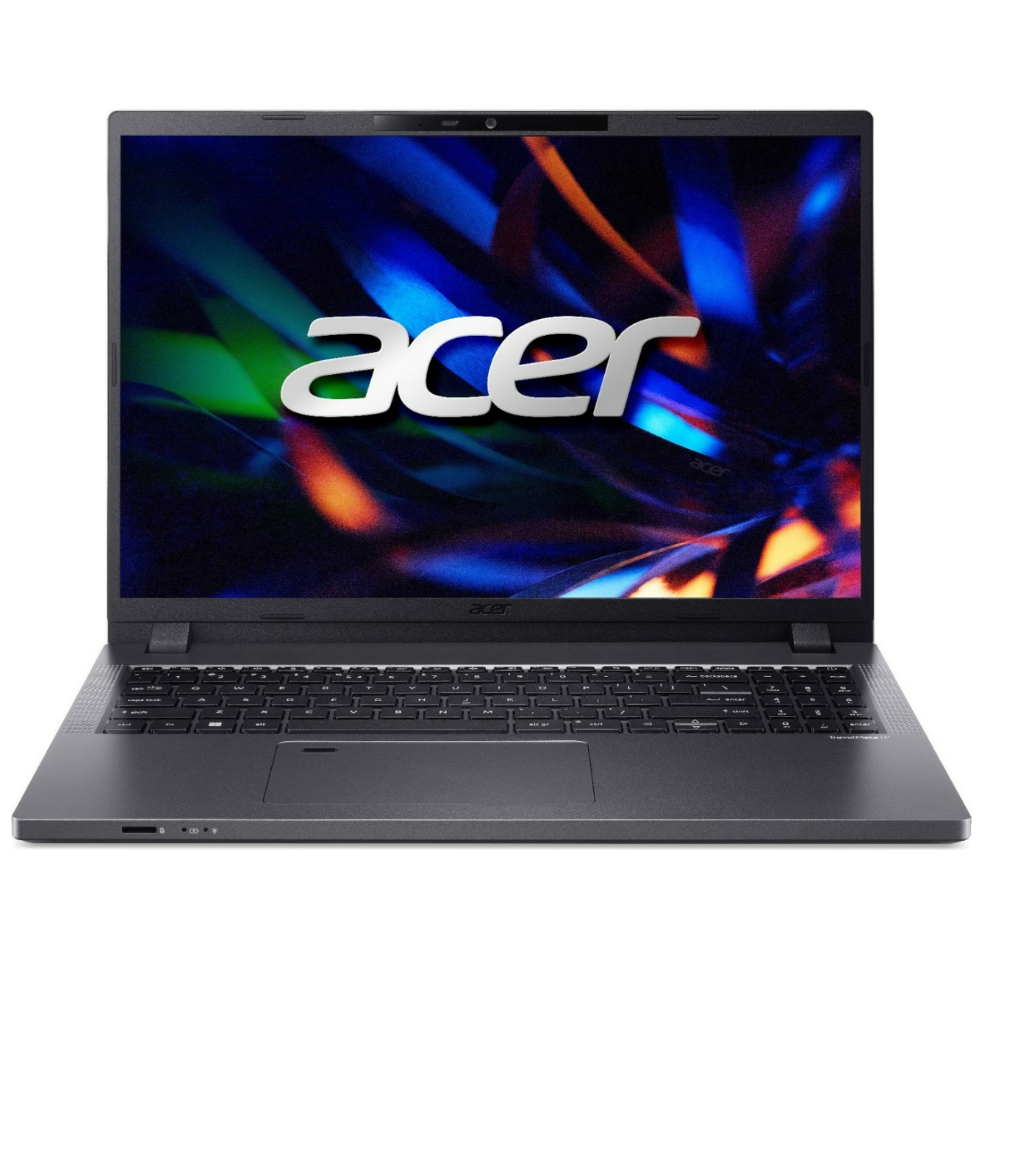 Czarny laptop Acer na białym tle, z logo Acer na ekranie i obudowie.
