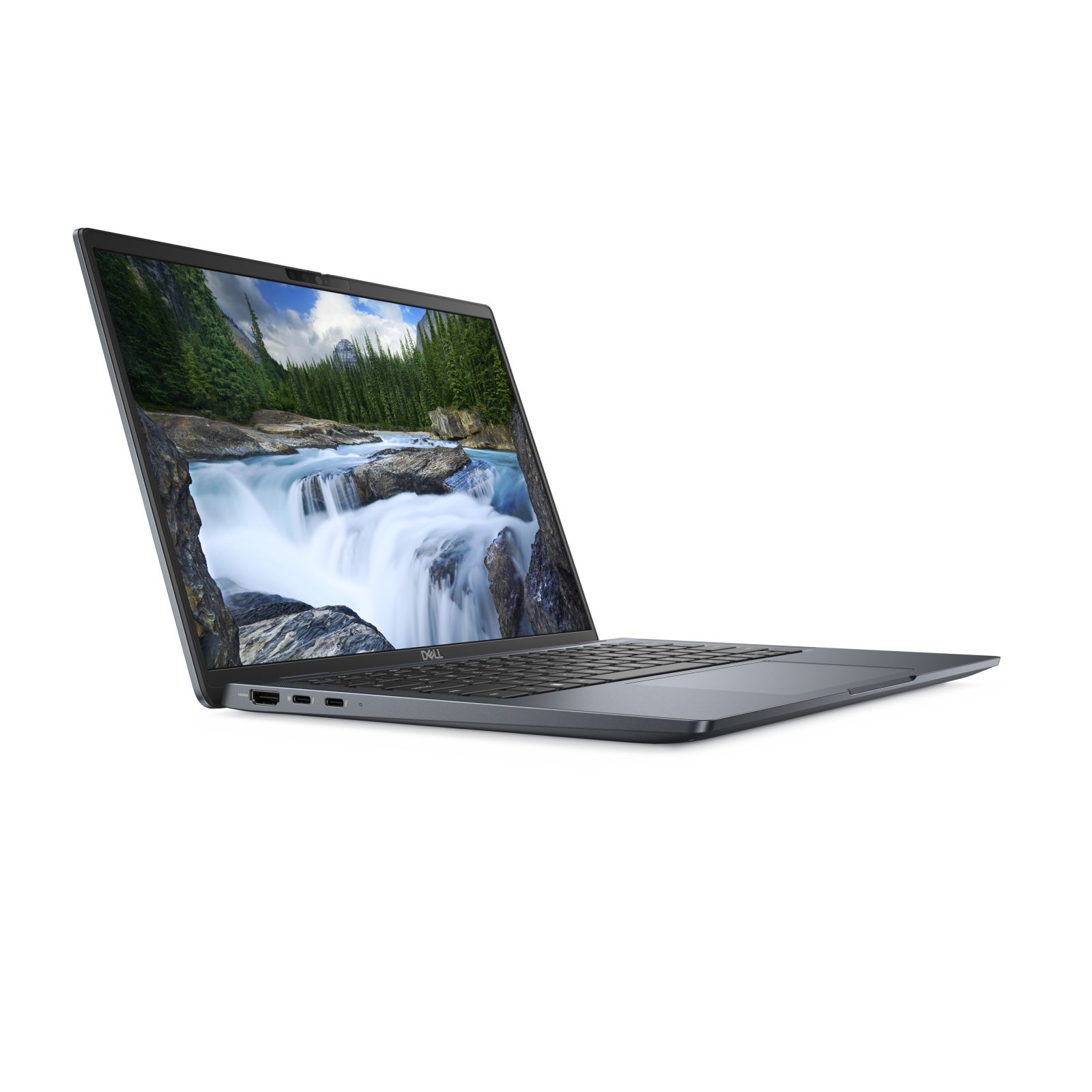 Un laptop Dell grigio è aperto, che mostra una scena di cascata. Lo sfondo è bianco.