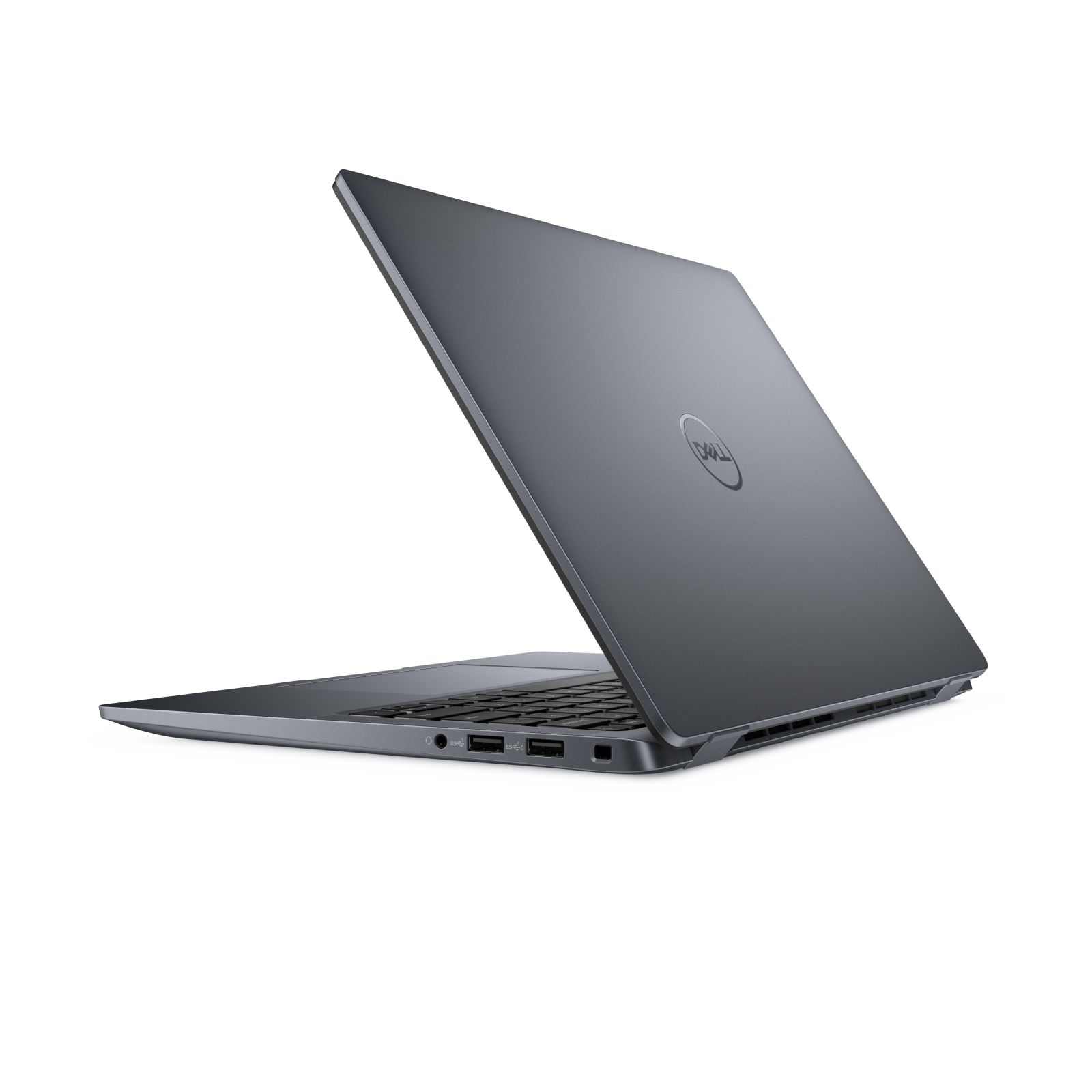 Un laptop Dell grigio è aperto su una superficie bianca. Lo schermo è inclinato verso l'alto, rivelando il logo Dell.