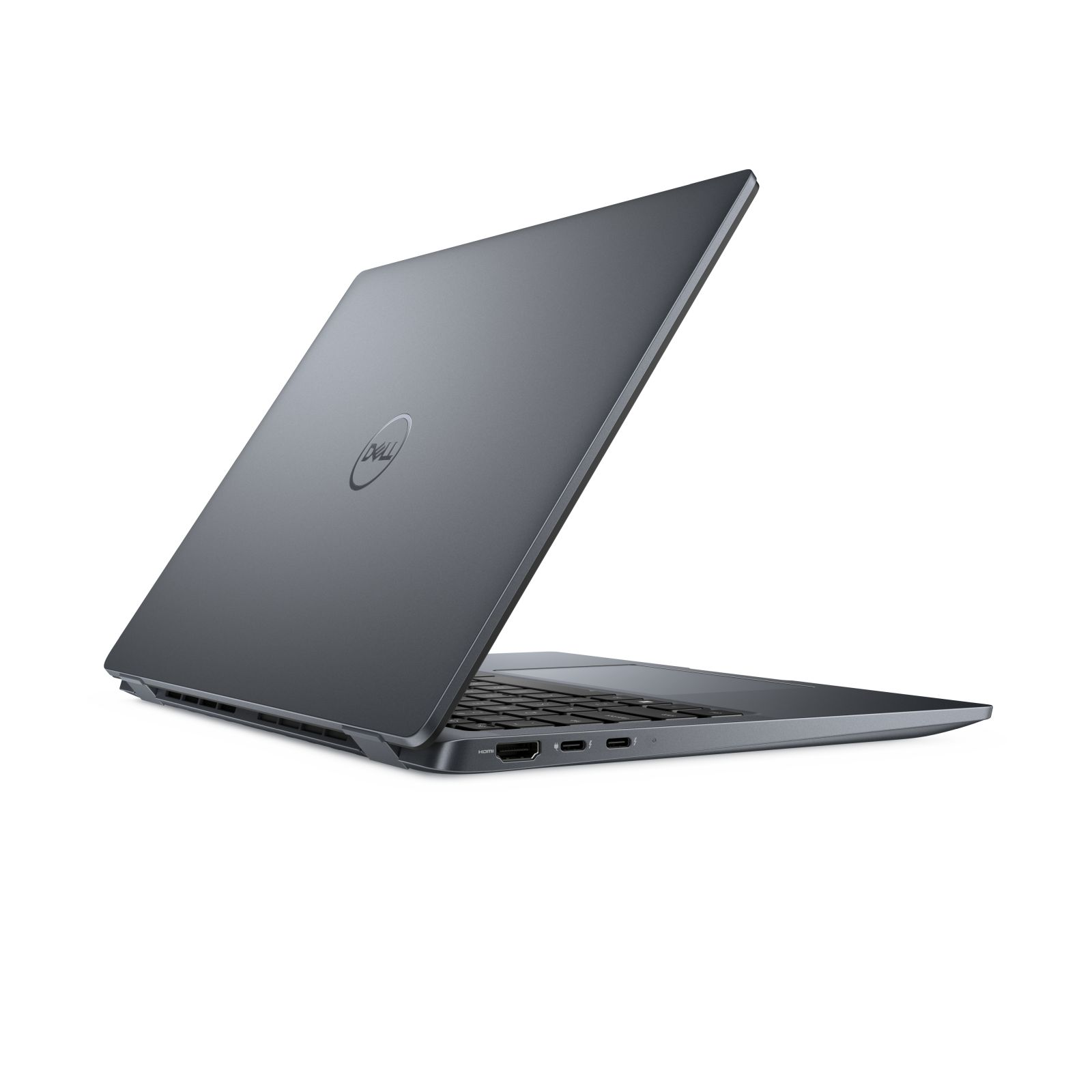 Un laptop Dell grigio è aperto su sfondo bianco. Il logo Dell è visibile sul coperchio. Tastiera e porte sono visibili.