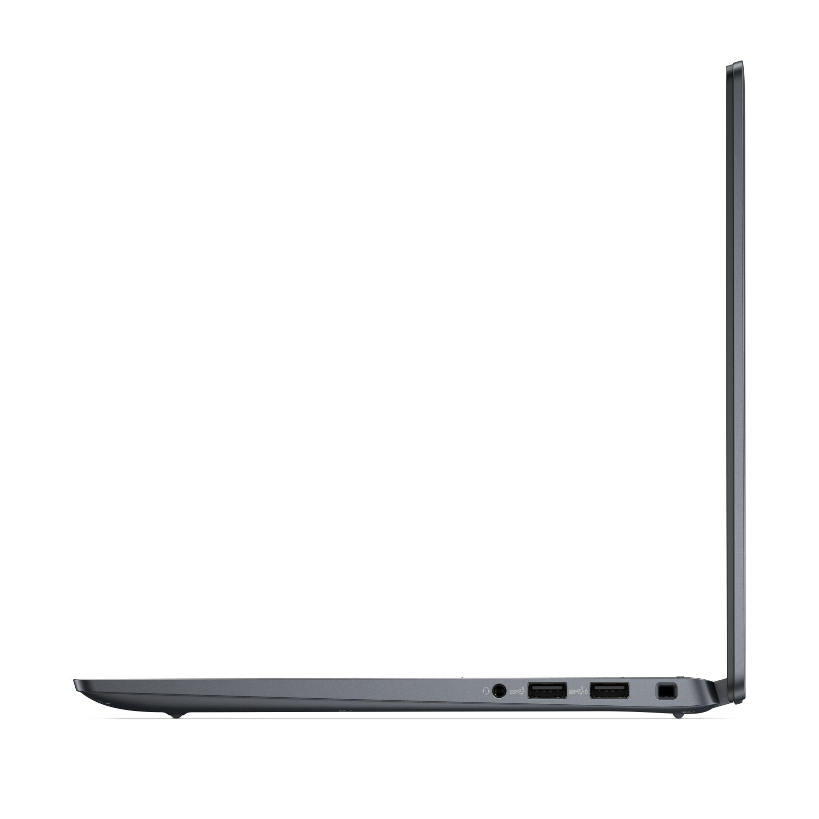 Vista laterale di un laptop grigio. Schermo aperto. Porte sul lato sinistro. Sfondo bianco.