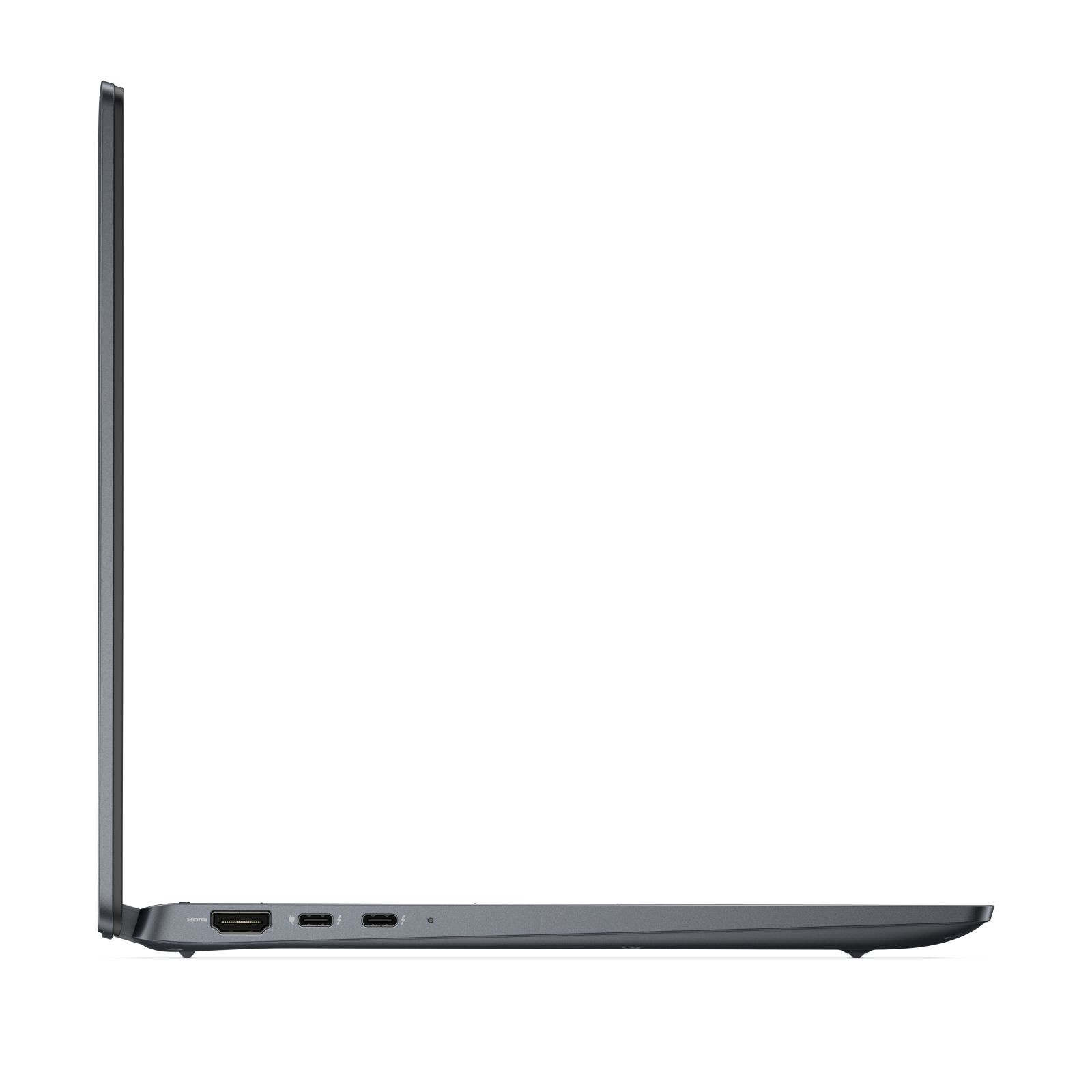 Vista laterale di un laptop grigio con porte e bordo dello schermo su sfondo bianco.