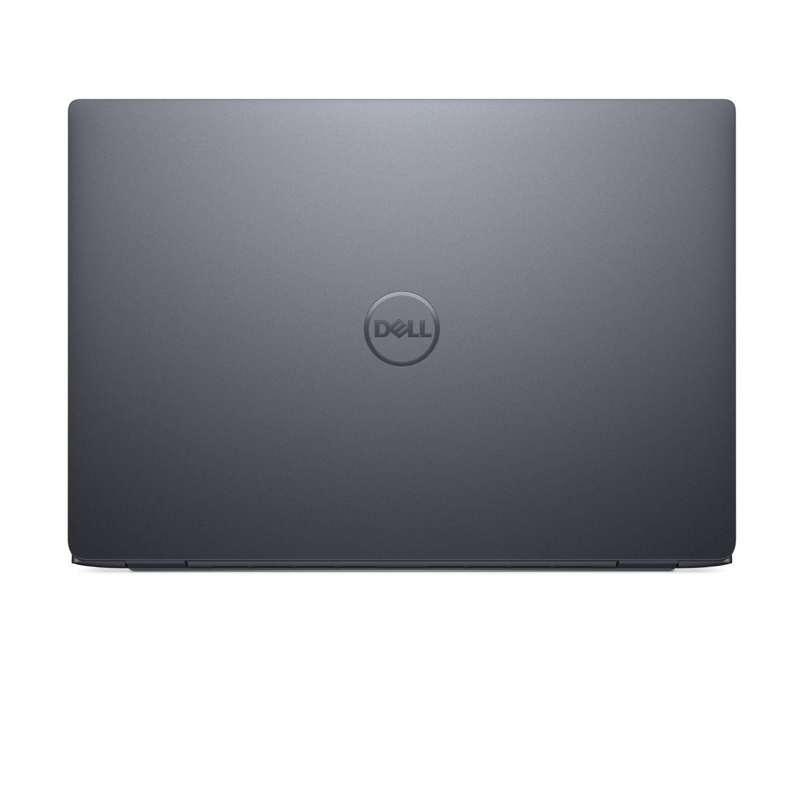Un laptop Dell chiuso, grigio scuro. Il logo Dell è centrato sul coperchio.