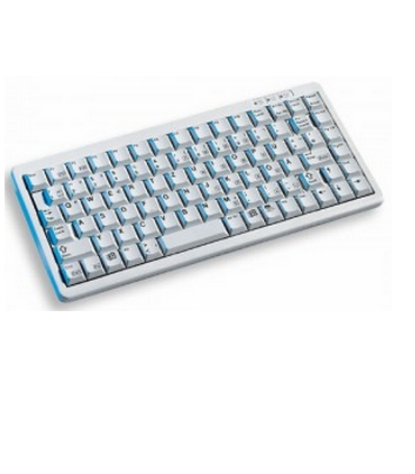 Tastiera bianca con accenti blu e tasti multilingue.