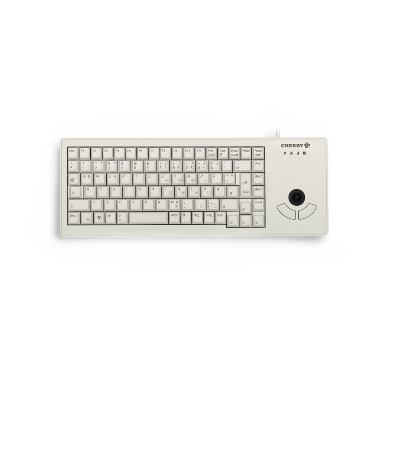 Tastiera bianca con trackball e logo Cherry nero.