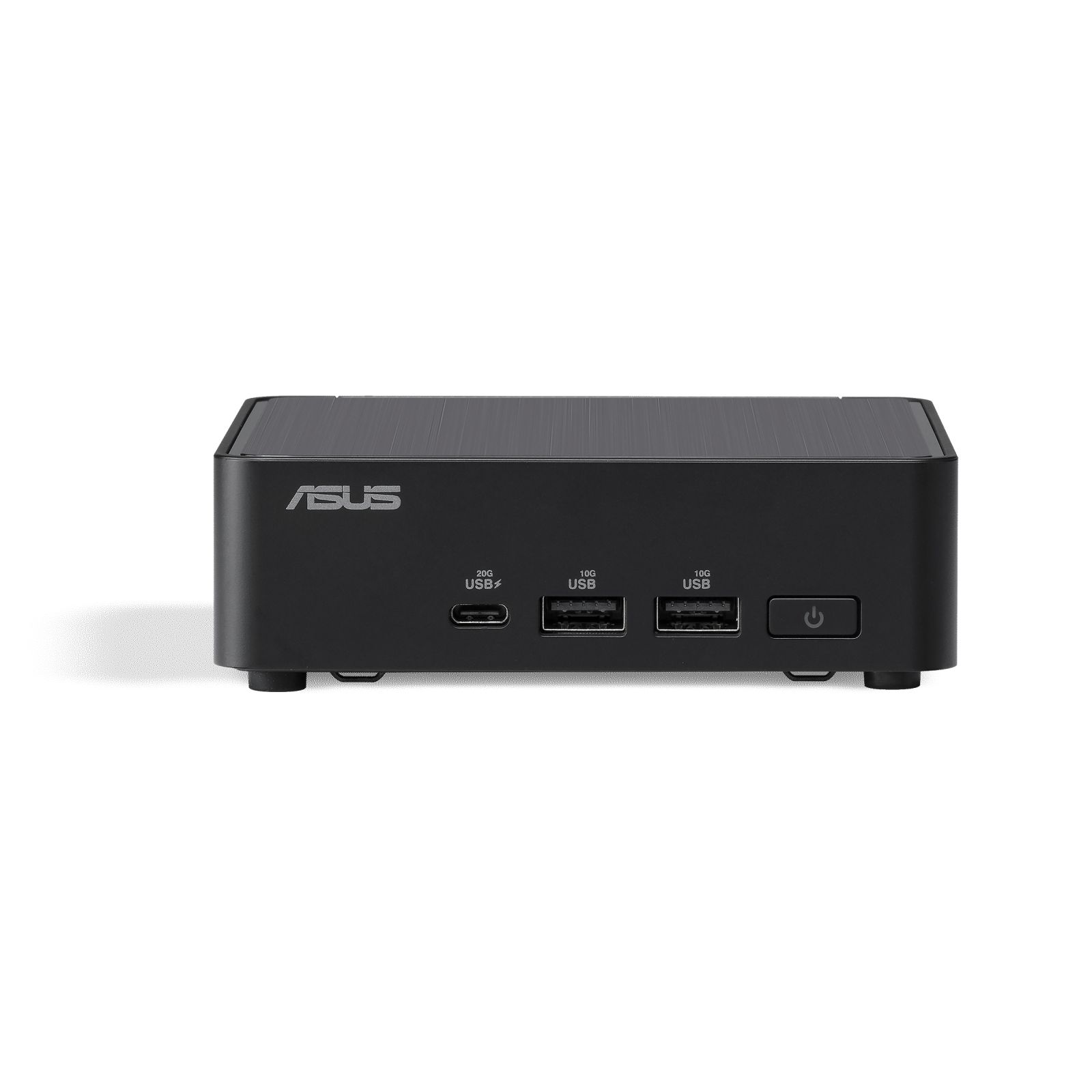 Czarny mini komputer ASUS. Ma kilka portów USB i przycisk zasilania z przodu.