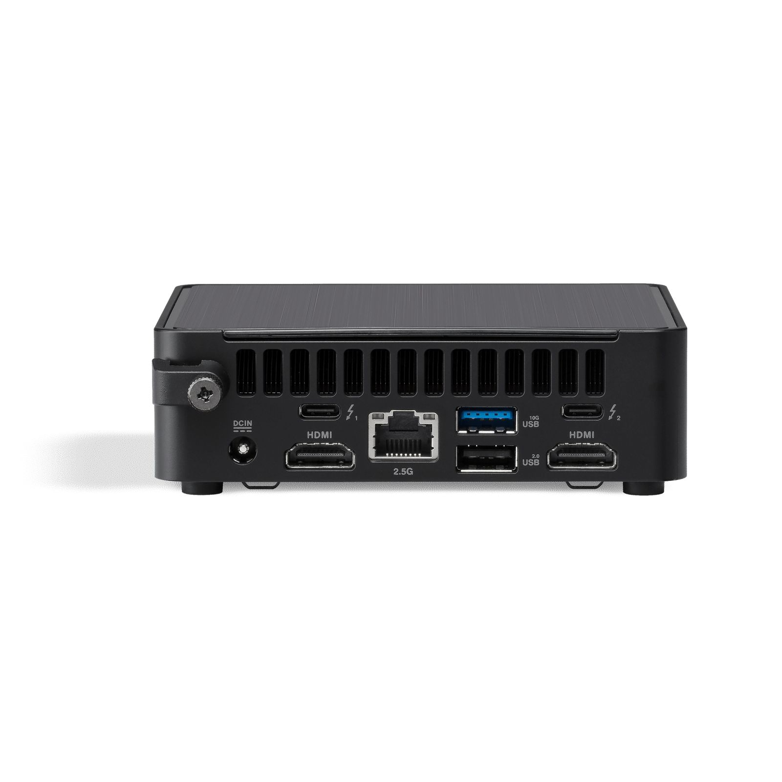 Czarny mini PC z różnymi portami z tyłu, w tym HDMI, USB i Ethernet.