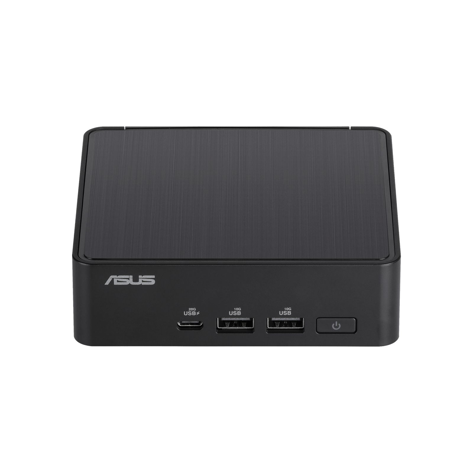 Czarny mini PC ASUS. Posiada porty USB, przycisk zasilania i logo ASUS.