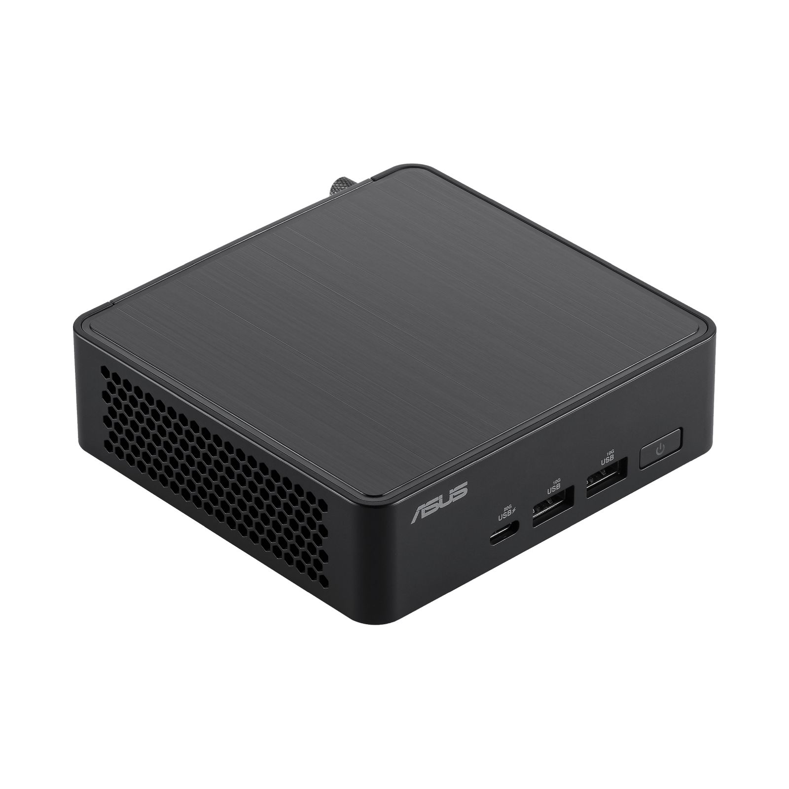 Mały, czarny mini-PC ASUS z teksturowanym wierzchem i wieloma portami.