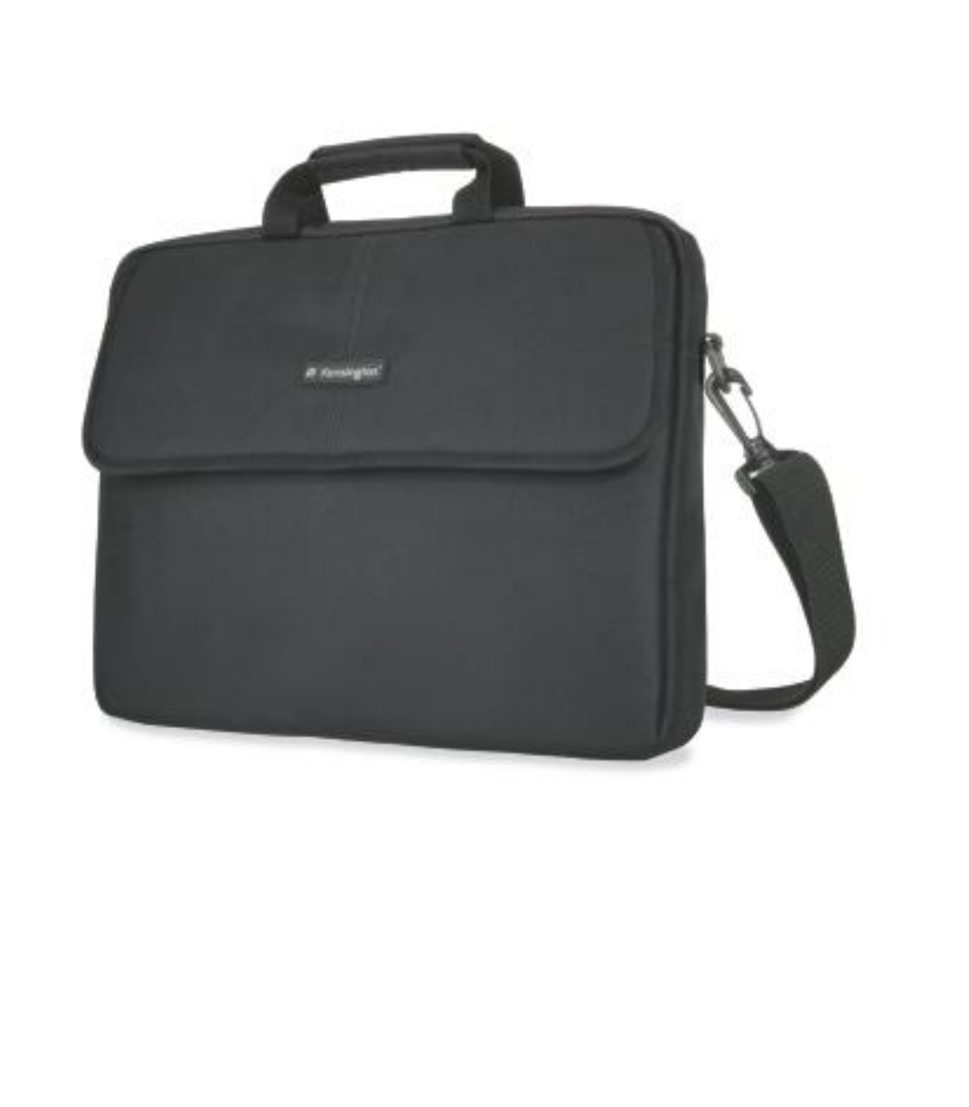 Schwarze Laptoptasche mit Griff und Schulterriemen, vor weißem Hintergrund, Seitenansicht.