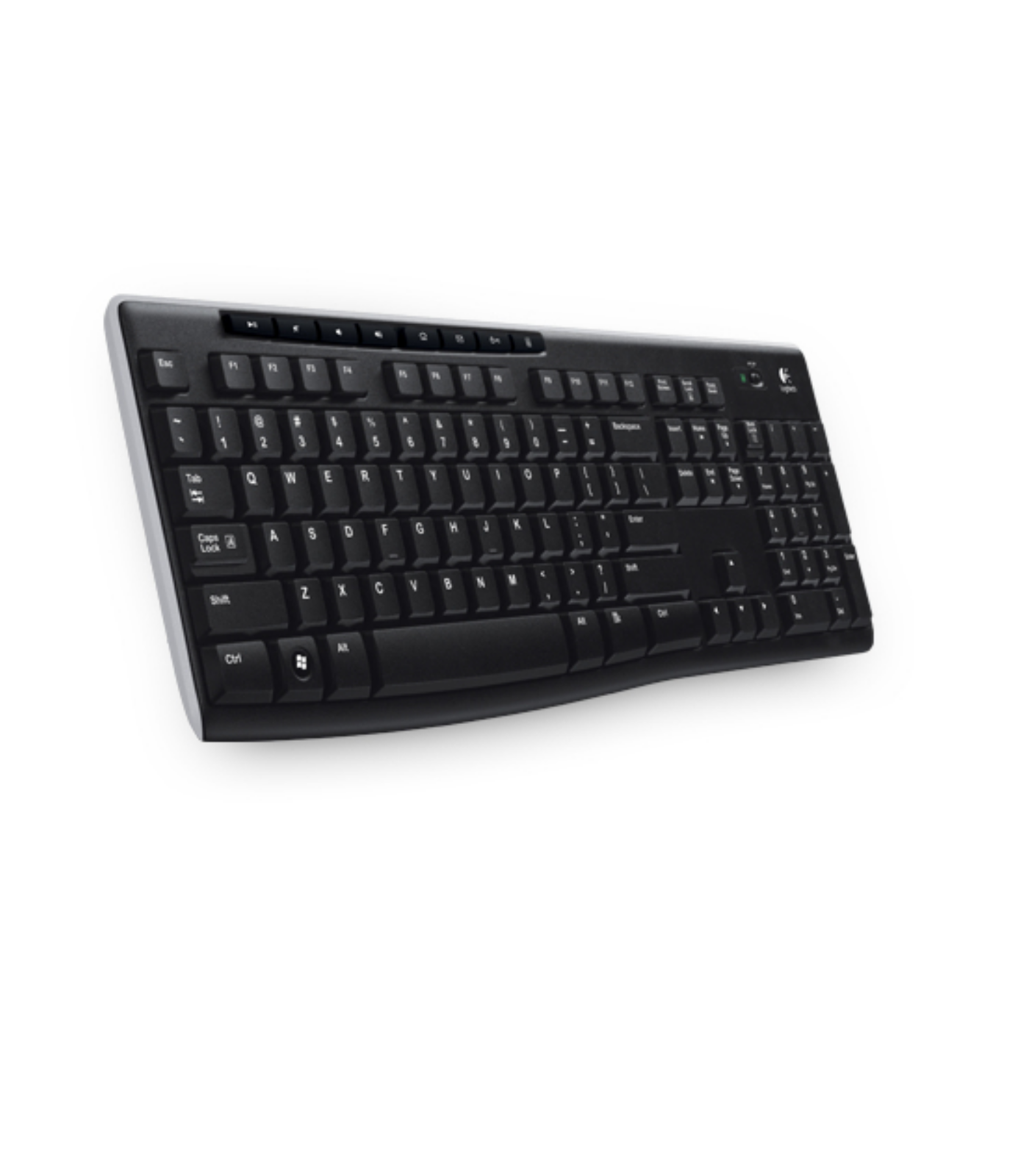 Czarna i srebrna klawiatura Logitech na białym tle. Ma zakrzywiony design.