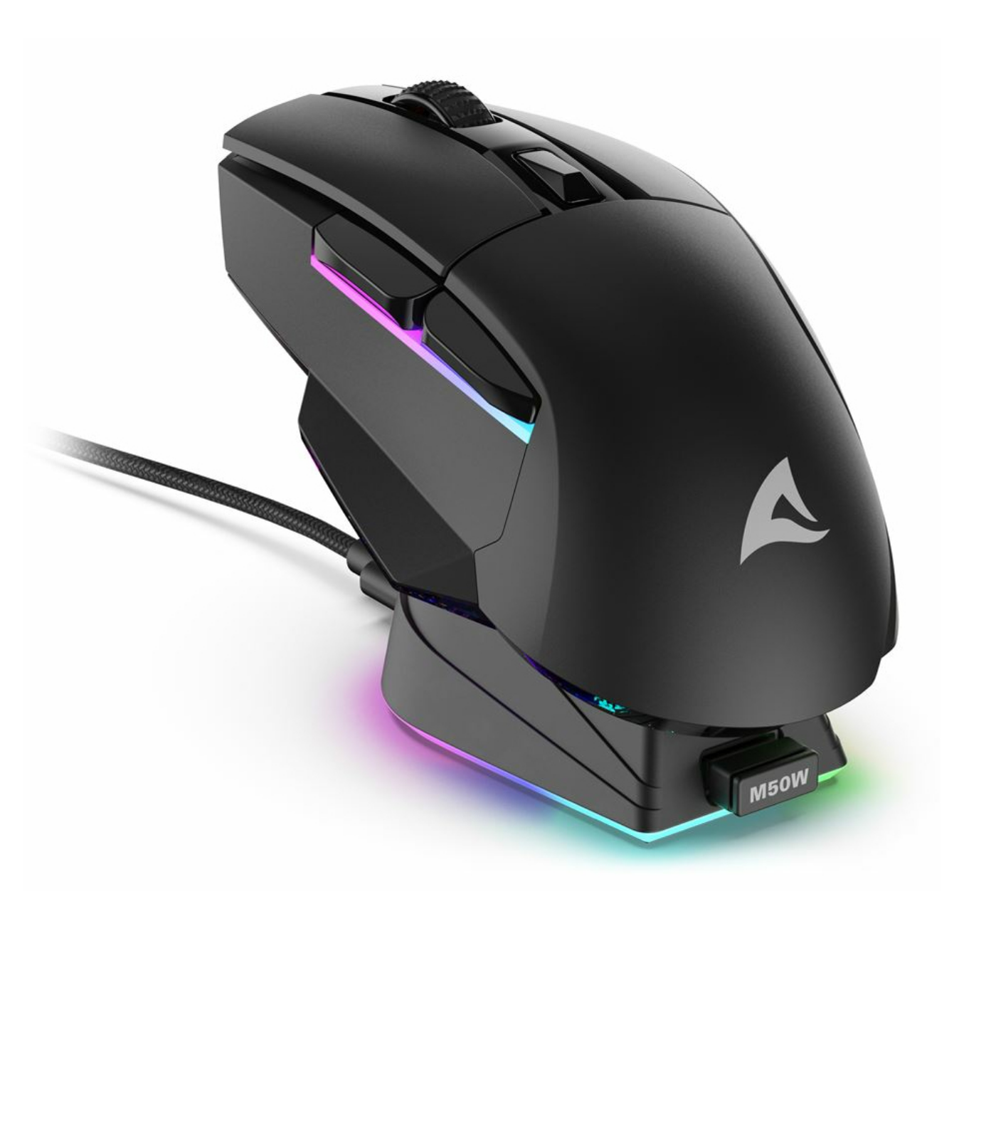 Czarna mysz gamingowa z ładowarką, z kolorowymi światłami i stylizowanym logo.