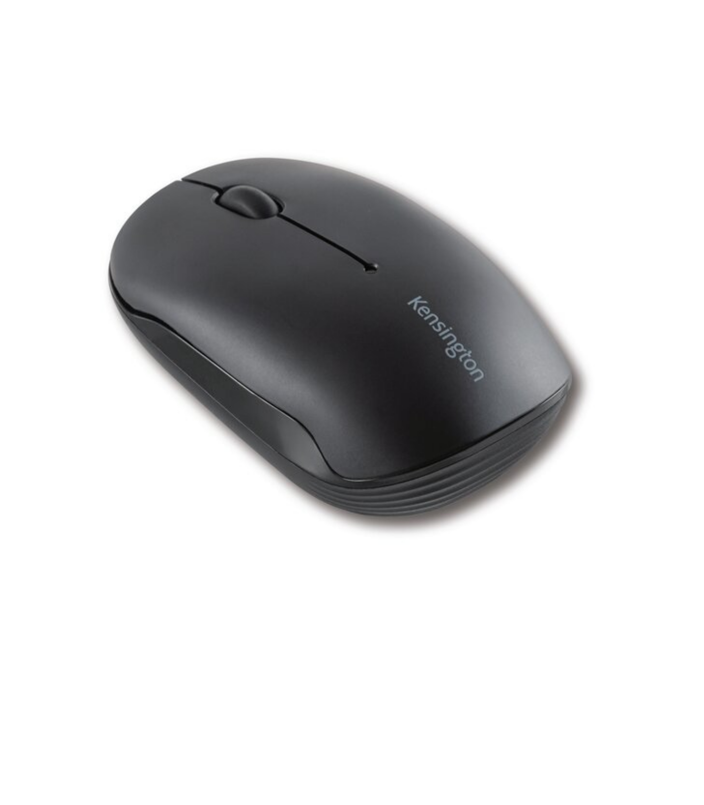 A black Kensington wireless mouse is isolated on a white background, top view.