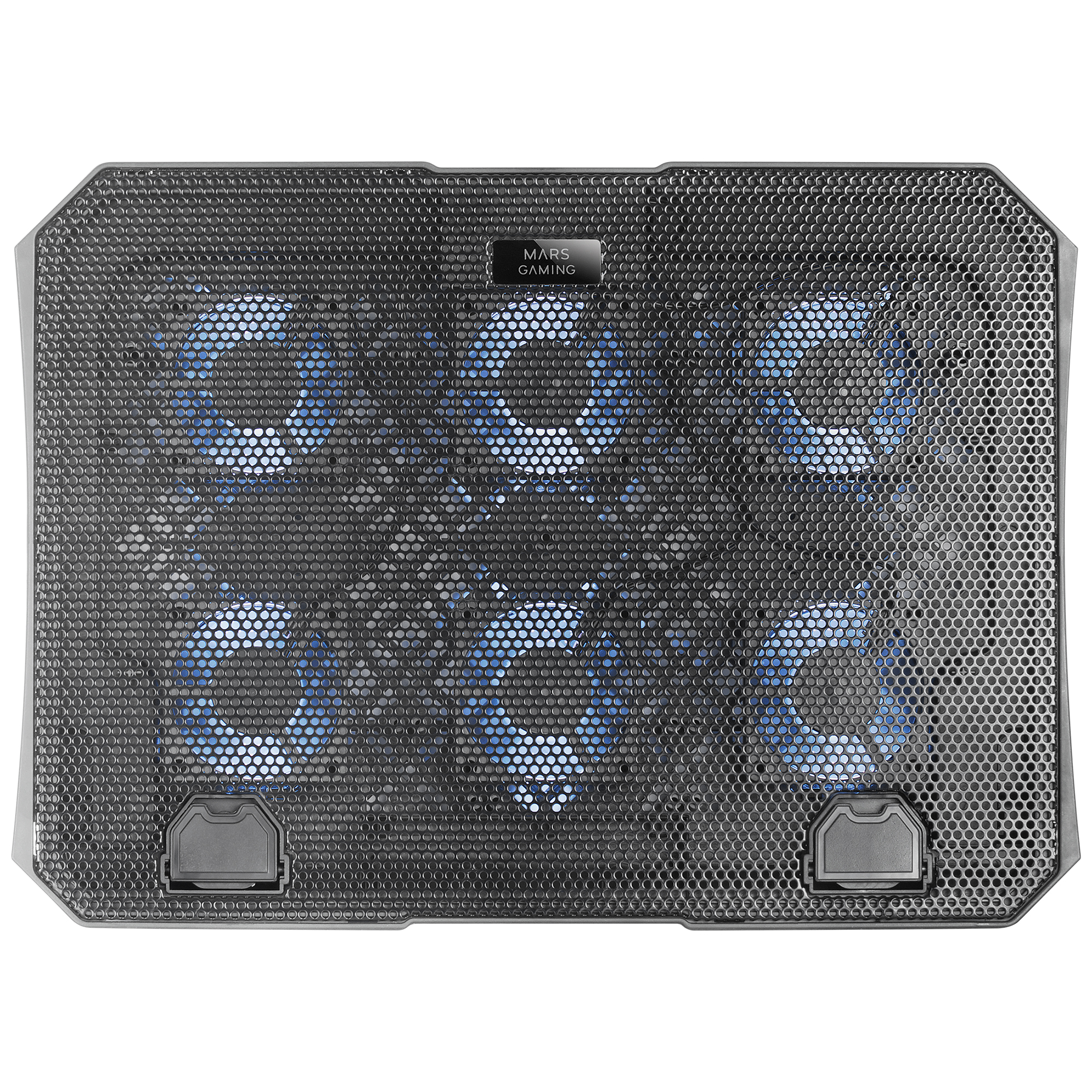 Base de refrigeración para portátil negra con luces y ventiladores azules.