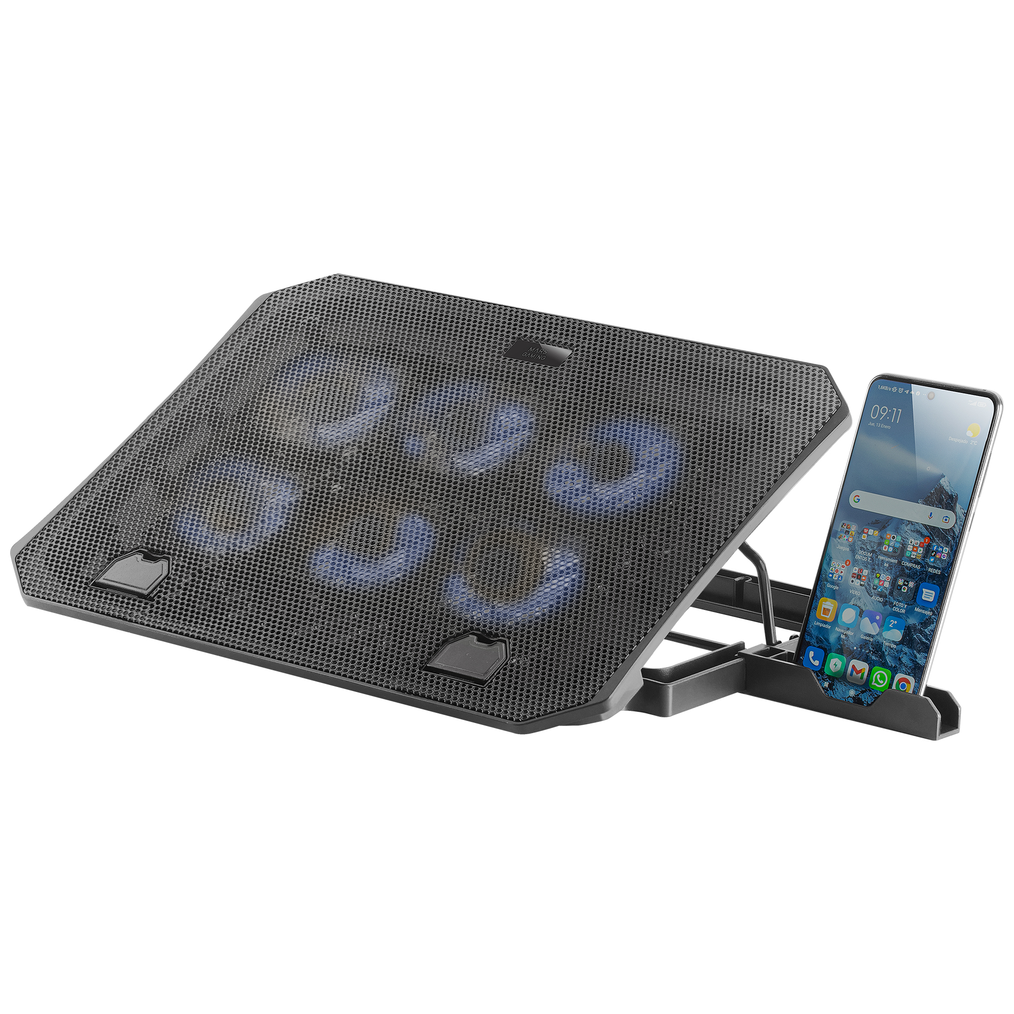 Almohadilla de enfriamiento para portátil negra con un soporte para teléfono que muestra la hora.