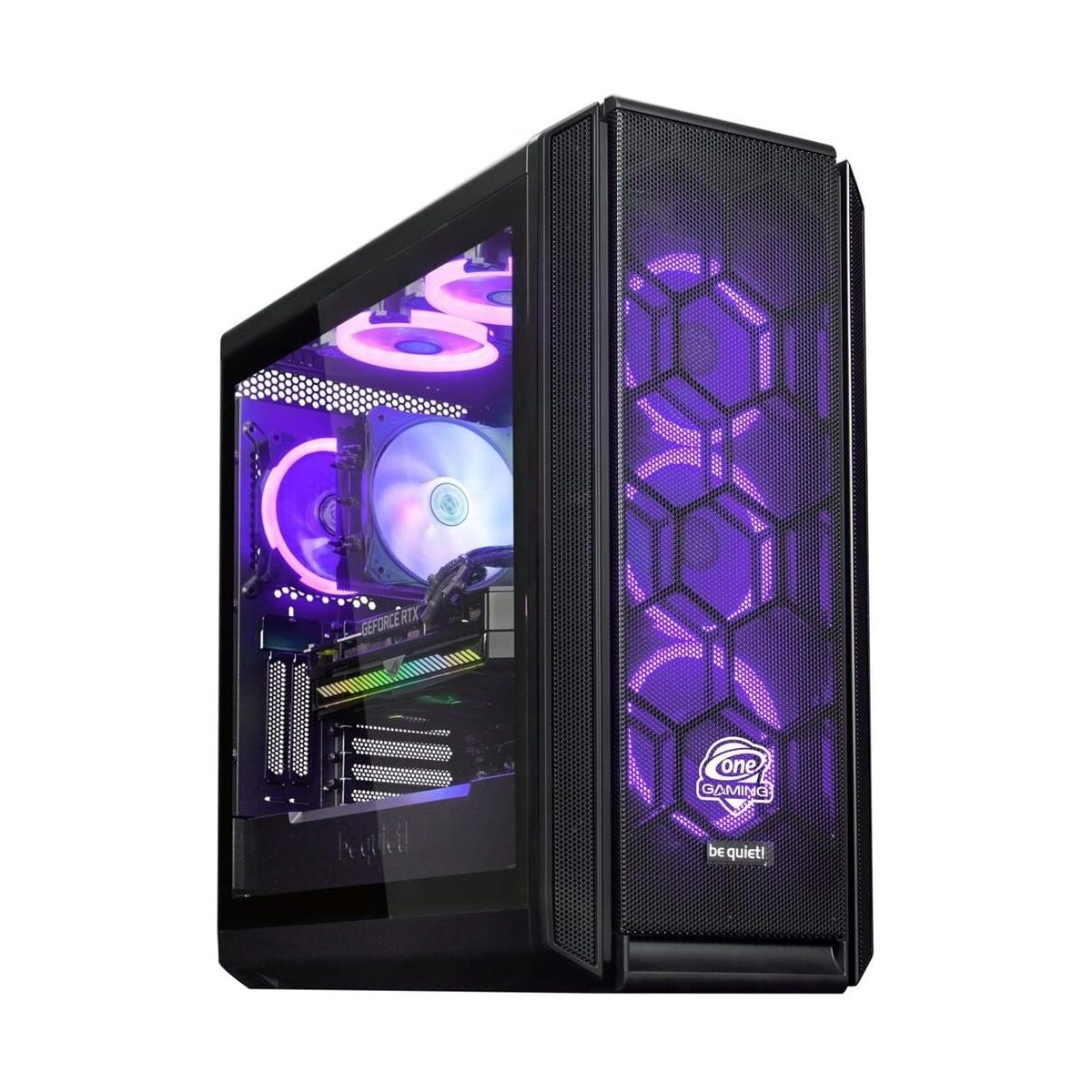 Ein Gaming-PC-Gehäuse mit lila Lichtern und Lüftern und einer Glas-Seitenwand.