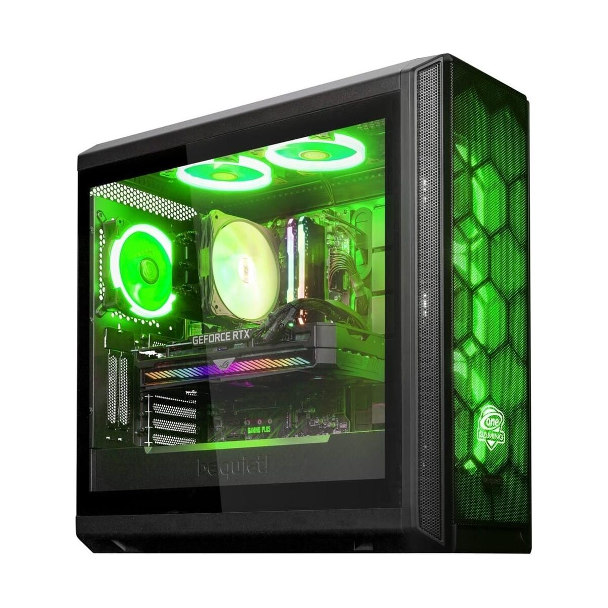 Ein Gaming-PC-Gehäuse mit grünen Lichtern und Lüftern und einer Glas-Seitenwand.