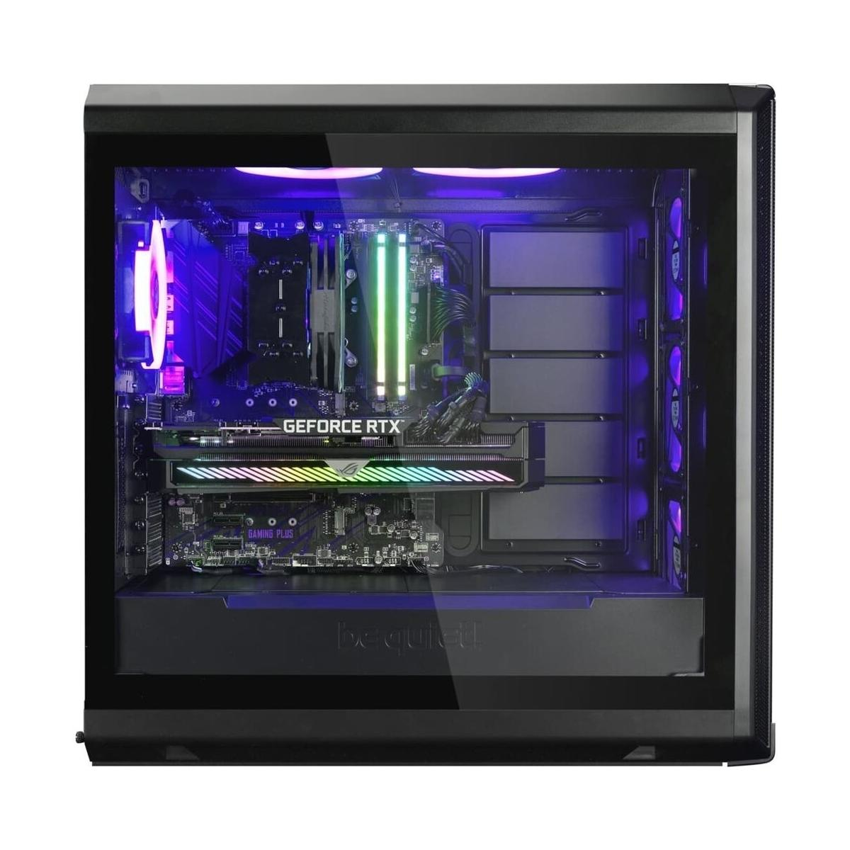 Gaming-PC-Gehäuse mit internen Komponenten, die in verschiedenen Farben beleuchtet sind.