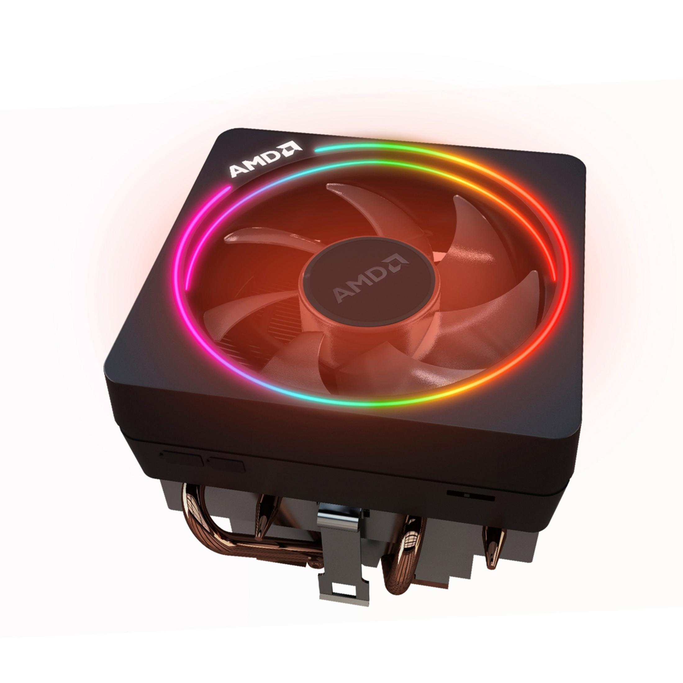 Fan ve turuncu RGB ışıklı siyah CPU soğutucu. Beyaz arka plan. AMD logosu üstte.