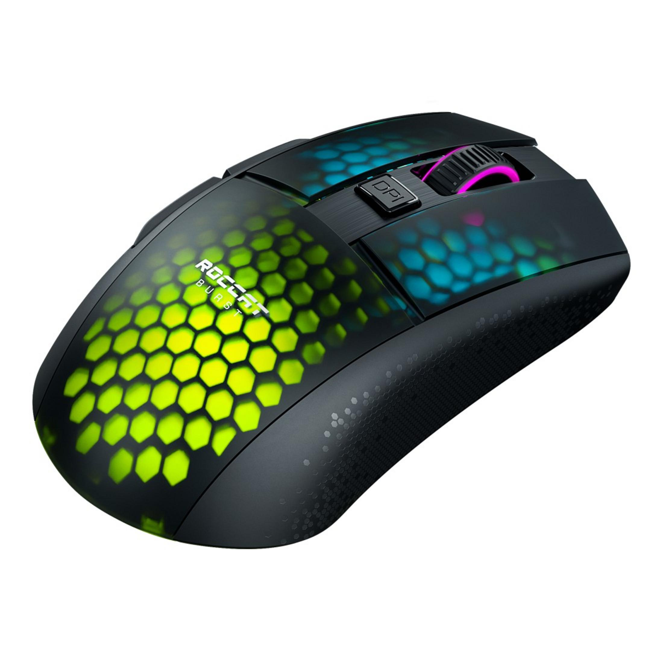 Czarna i zielona mysz gamingowa z przyciskiem DPI i logo.