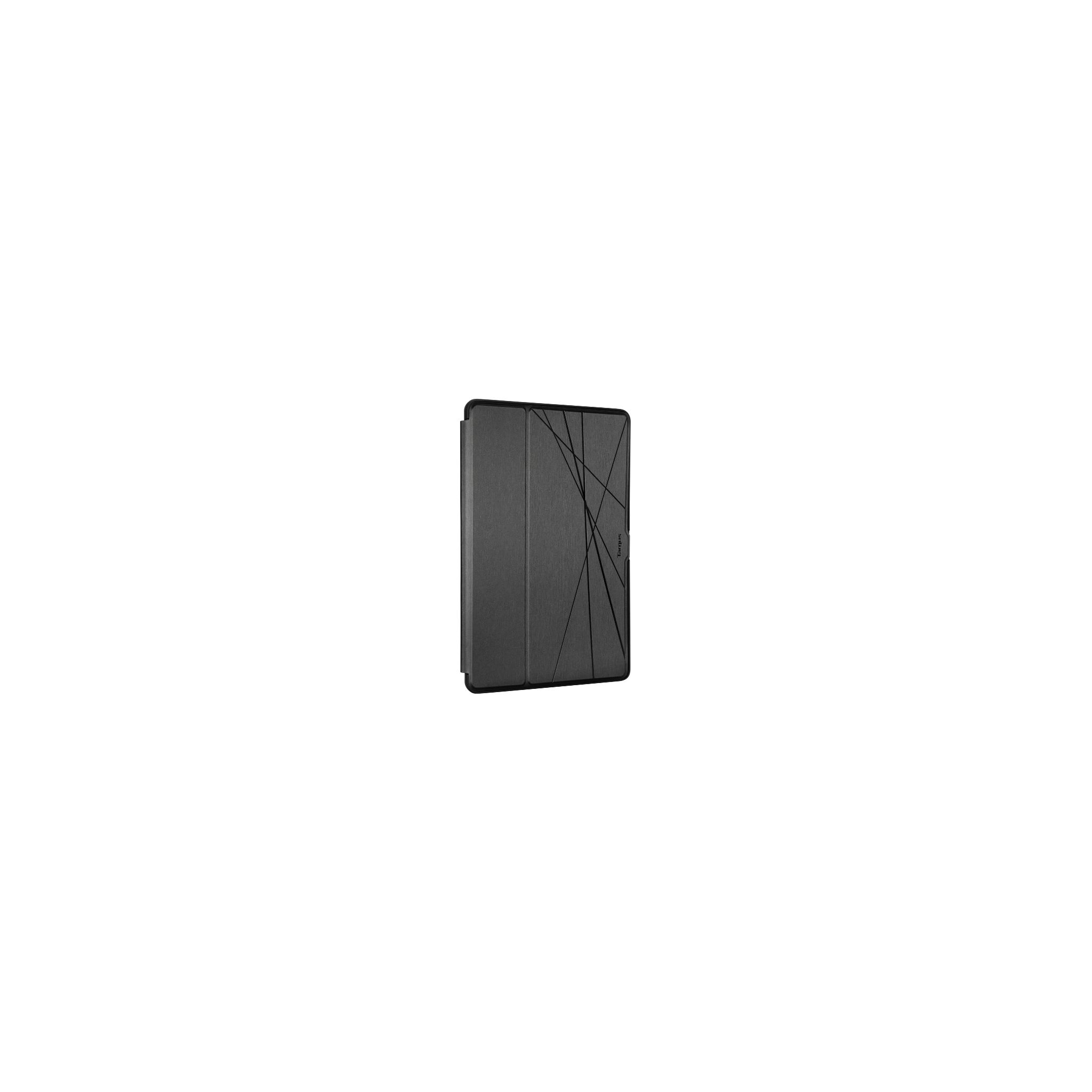 Funda de tableta negra cerrada, con líneas abstractas. Fondo blanco.
