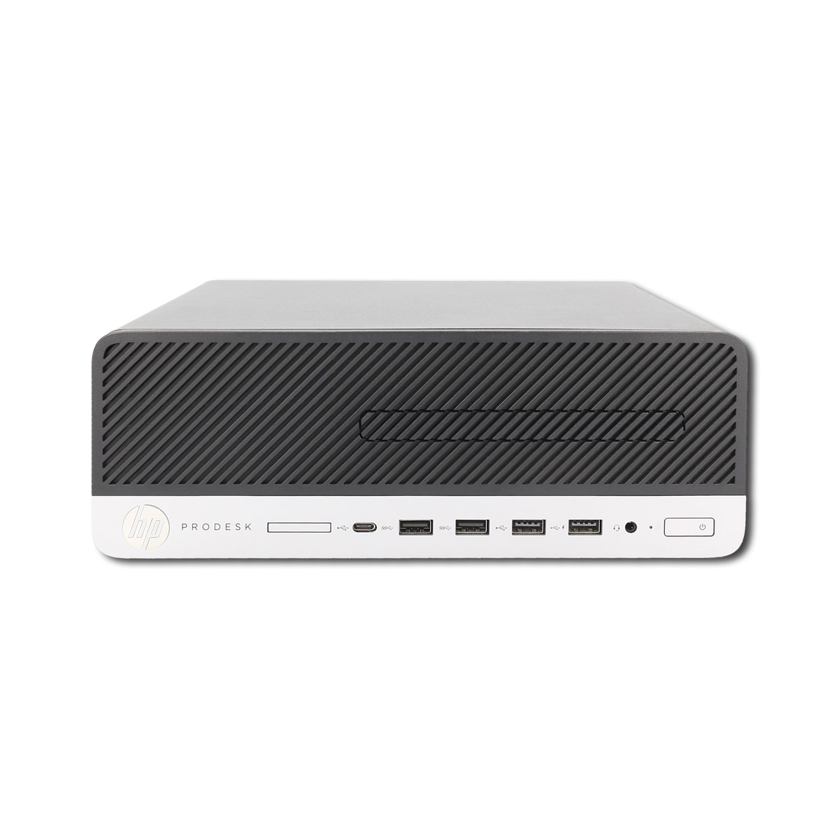 Computer HP ProDesk nero e grigio. La parte anteriore ha porte e un logo HP su un pannello bianco.