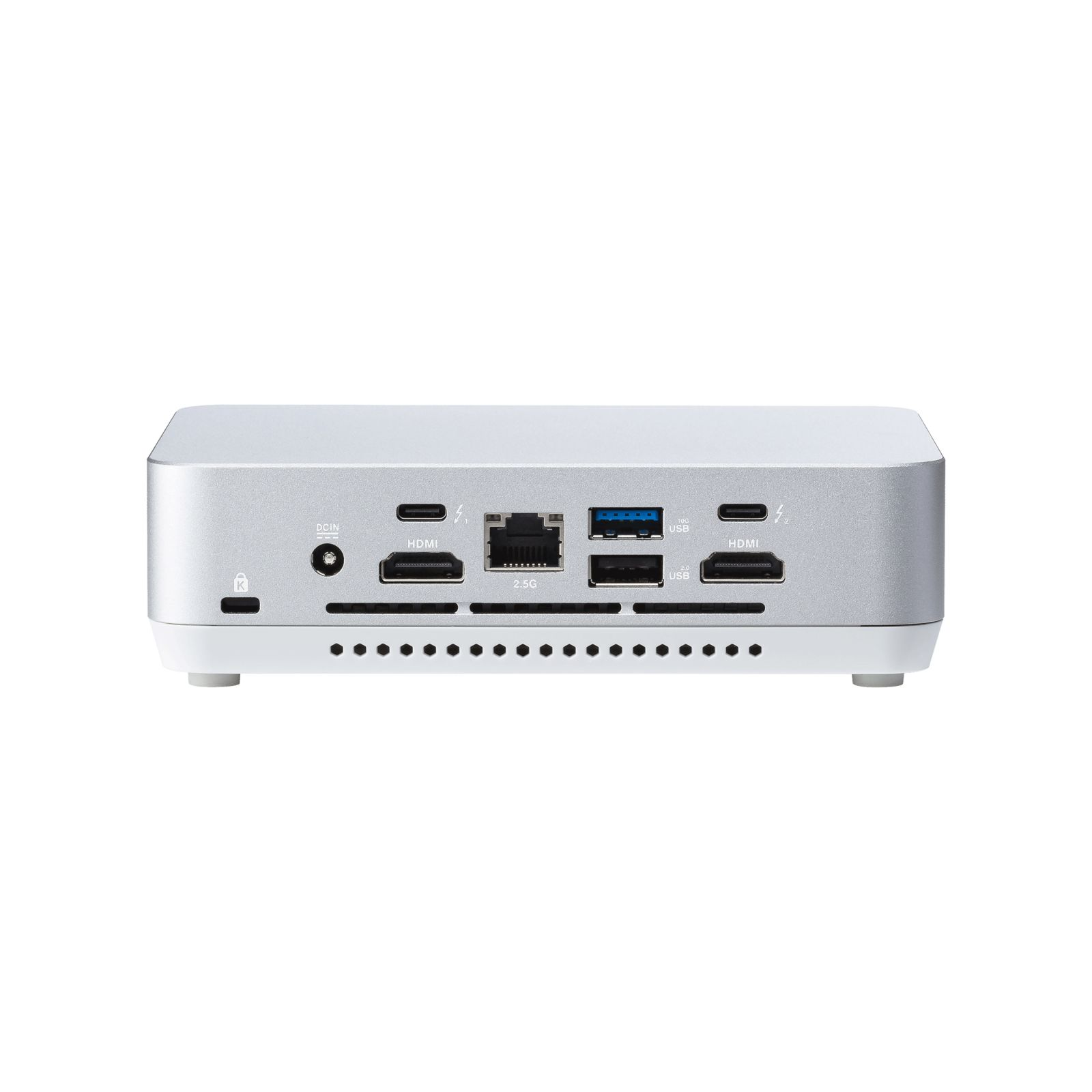 Srebrne i białe urządzenie komputerowe z wieloma portami, w tym HDMI, USB i Ethernet.