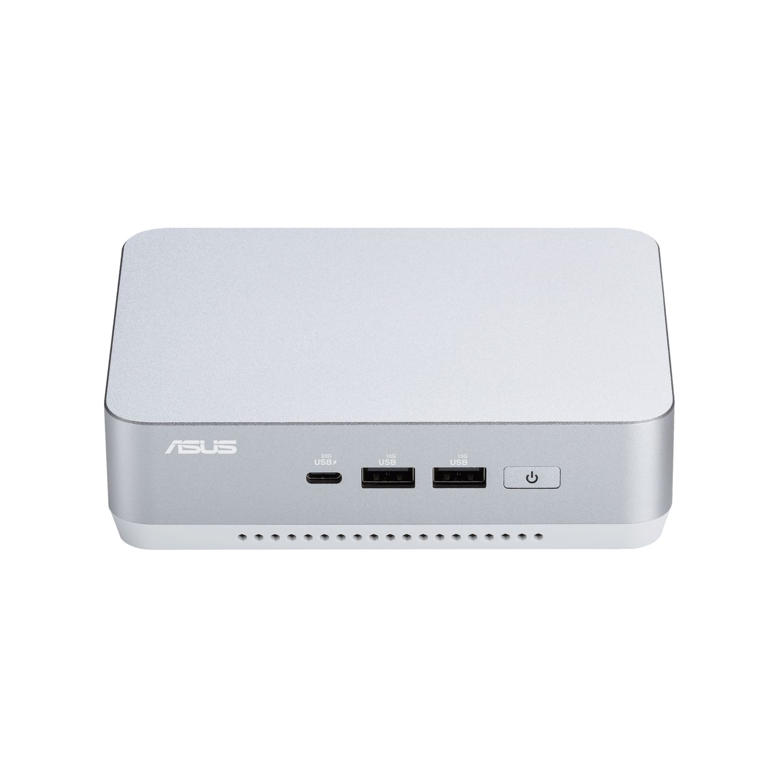 Srebrny mini PC Asus z portami USB i przyciskiem zasilania. Białe tło.