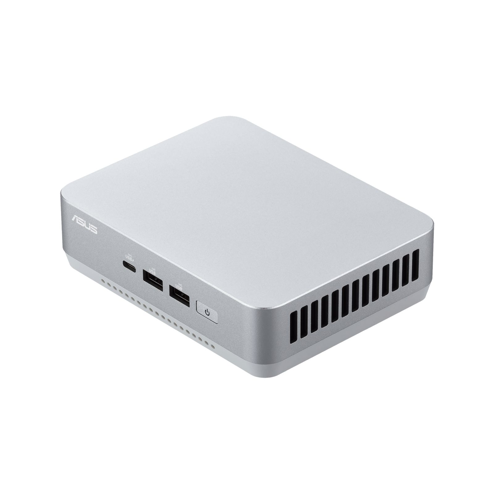Srebrny mini PC ASUS z portami, przyciskiem zasilania i wentylatorem. Ma prostokątny kształt.