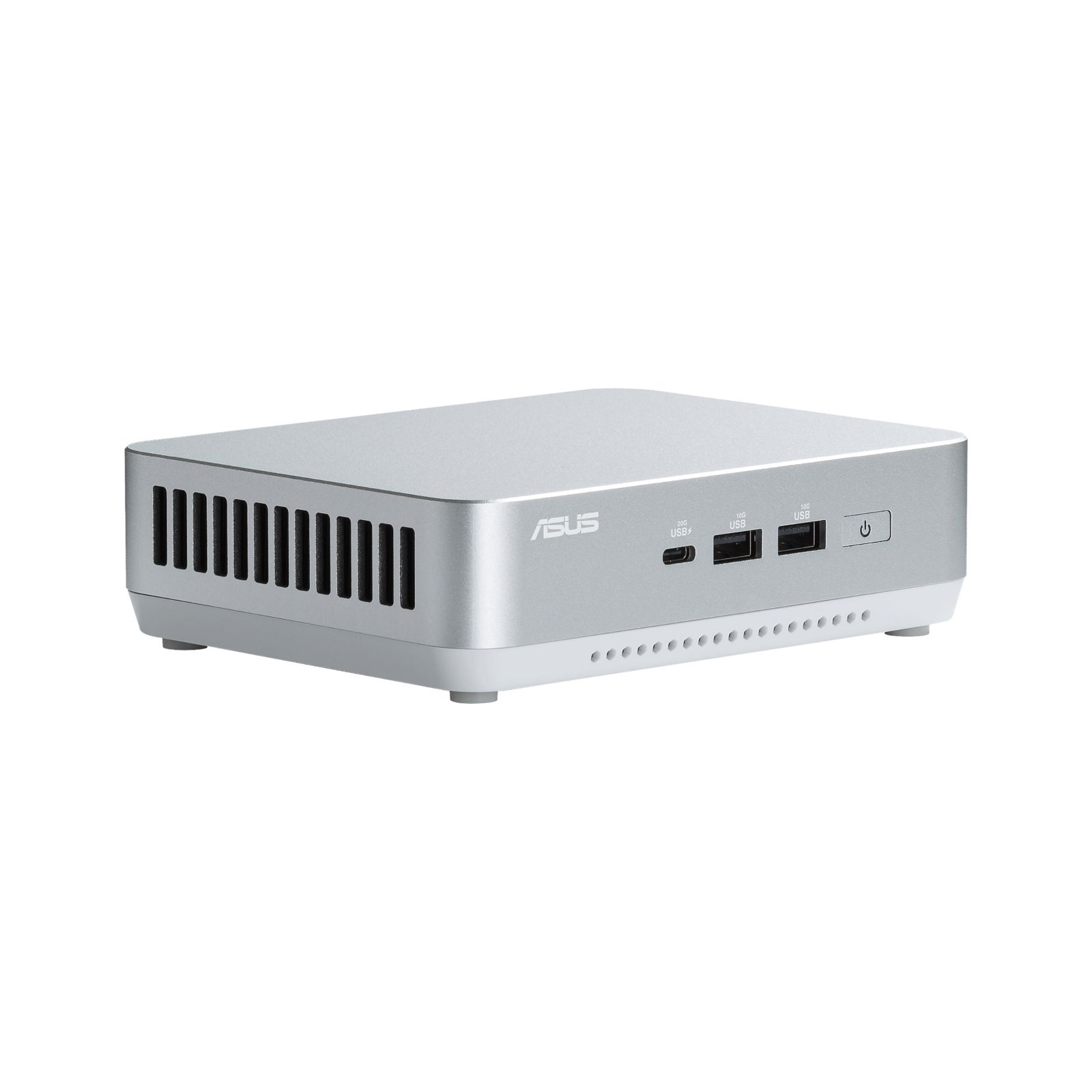 Srebrny mini PC ASUS na białej powierzchni. Posiada kilka portów i przycisk zasilania.