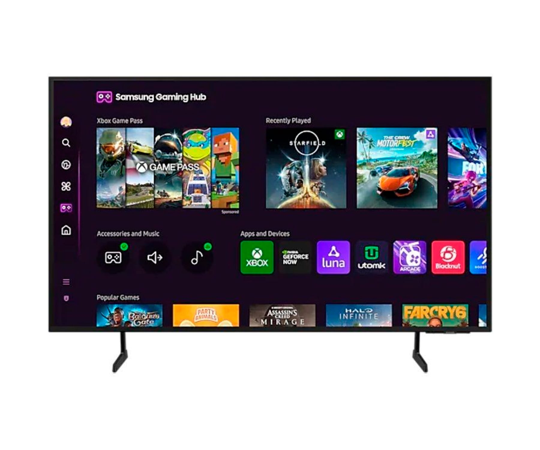 Telewizor z płaskim ekranem wyświetla interfejs Samsung Gaming Hub z ikonami gier, na stojaku.