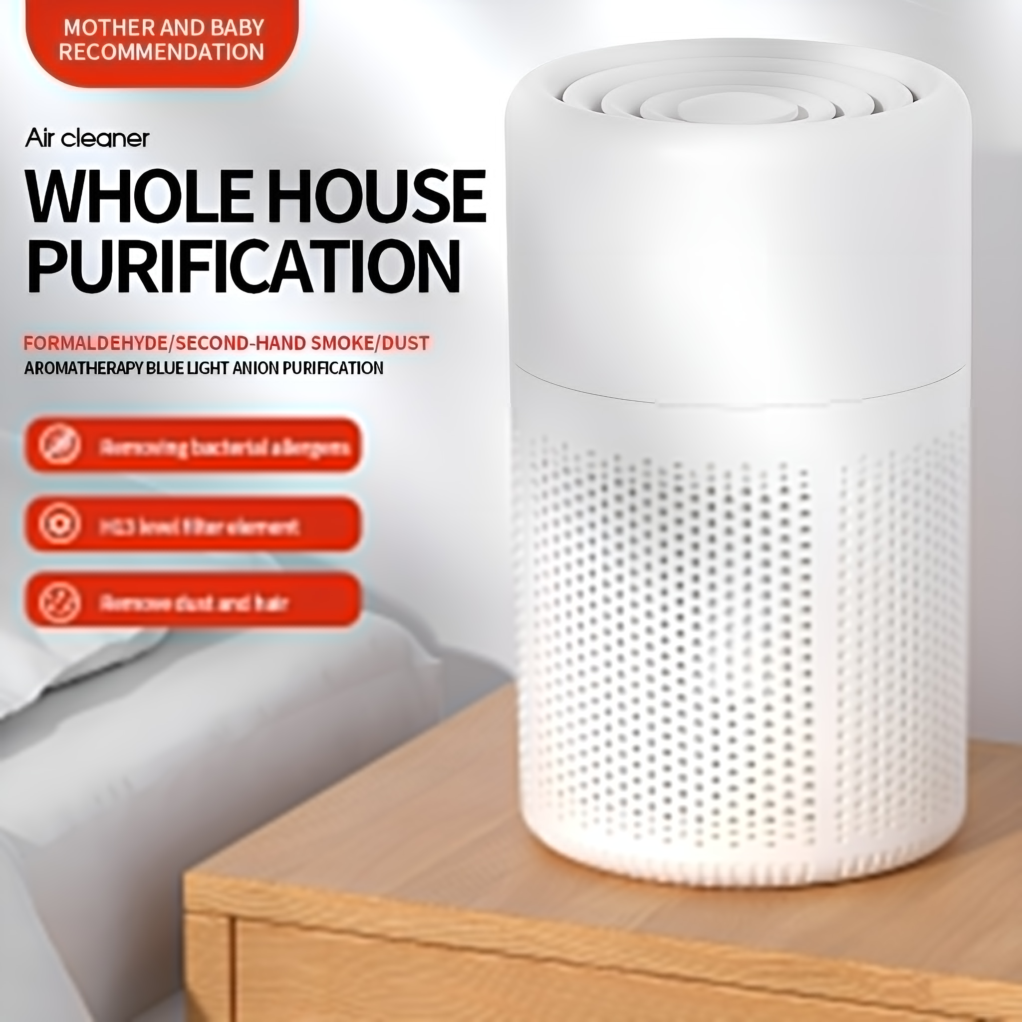 Weißer Luftreiniger auf einem Holztisch. Text sagt 'WHOLE HOUSE PURIFICATION'. Der Reiniger hat Löcher.