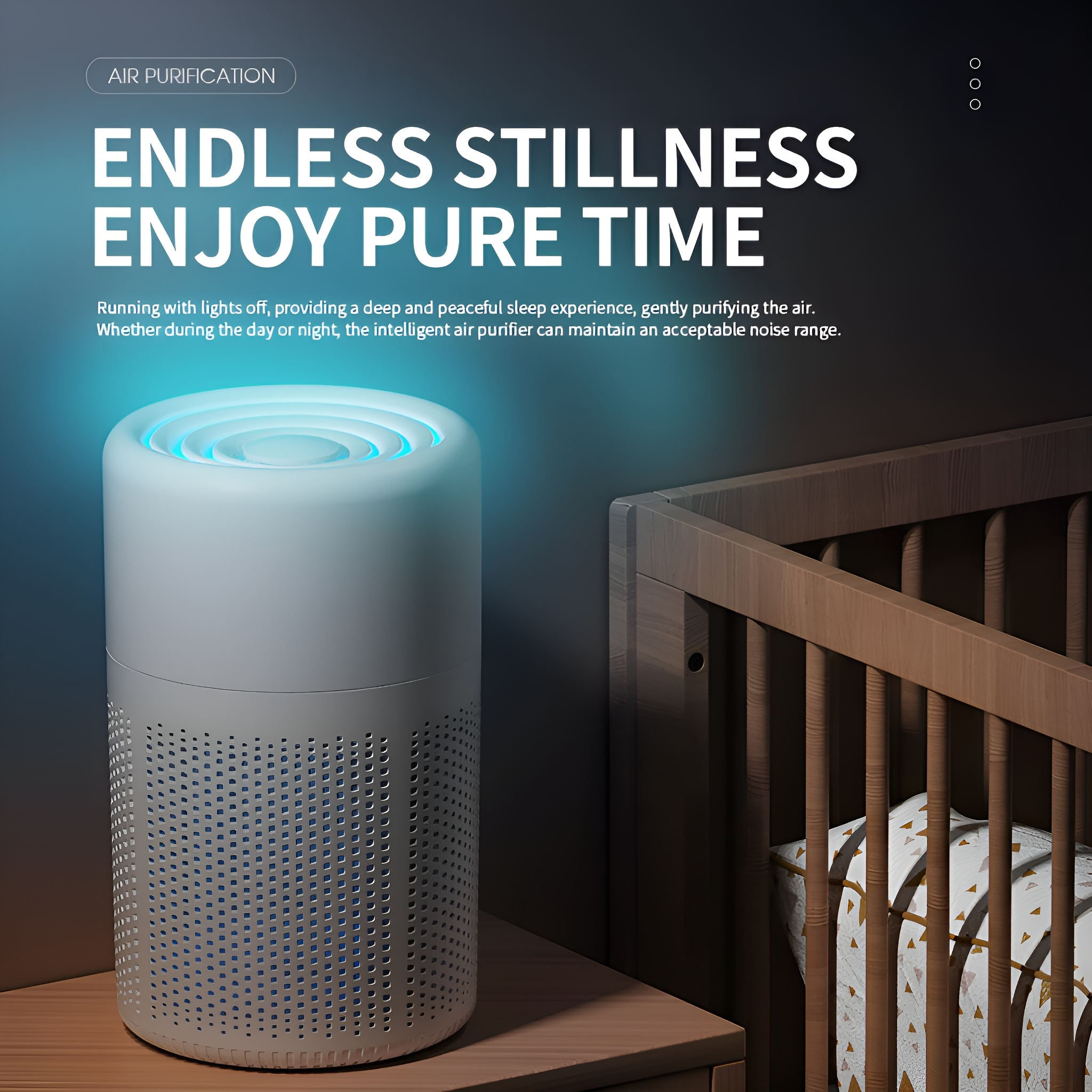 Luftreiniger mit blauem Licht, Text 'Endless Stillness', Krippe im Hintergrund, dunkle Umgebung.