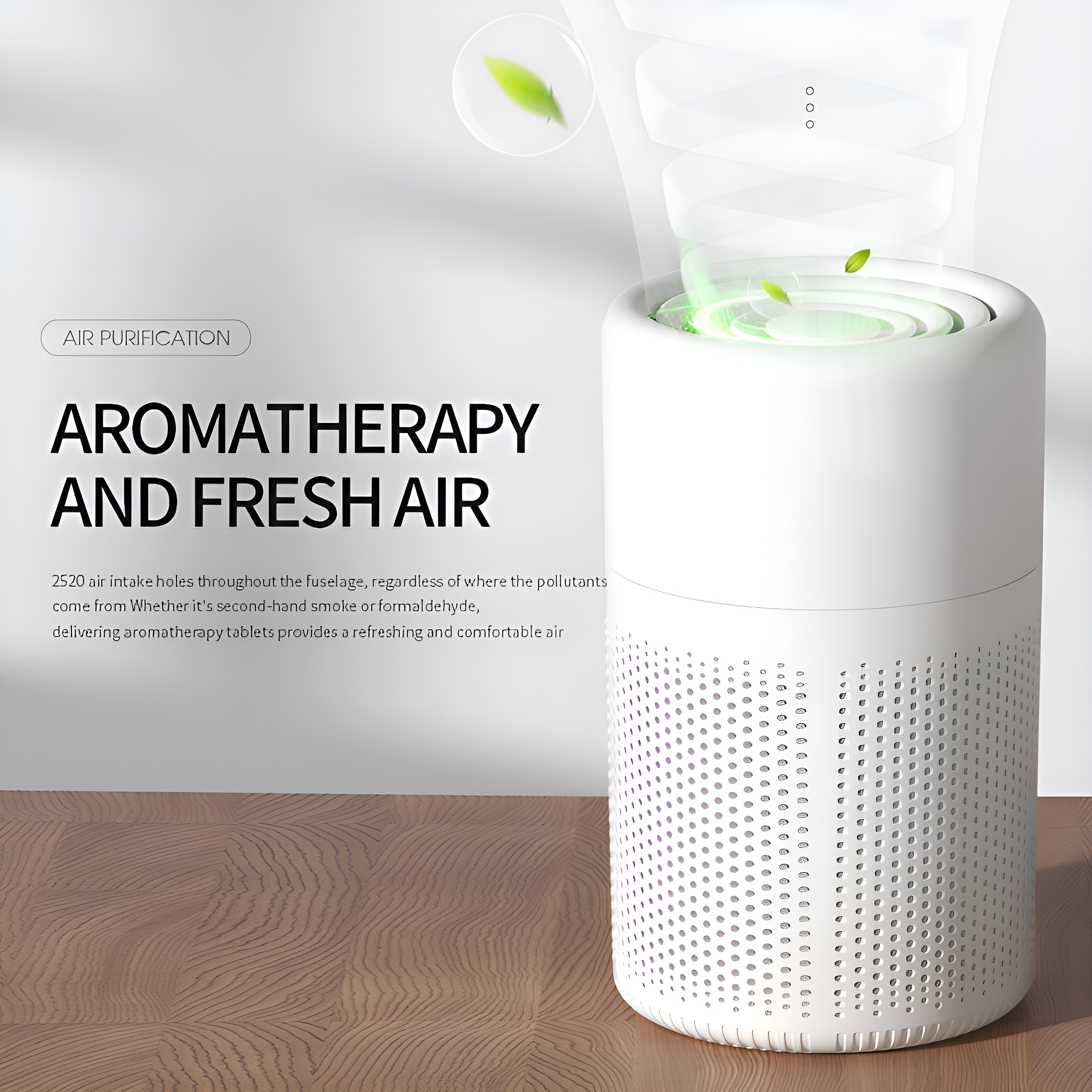 Weißer Luftreiniger mit Aromatherapie und Frischluft-Text.