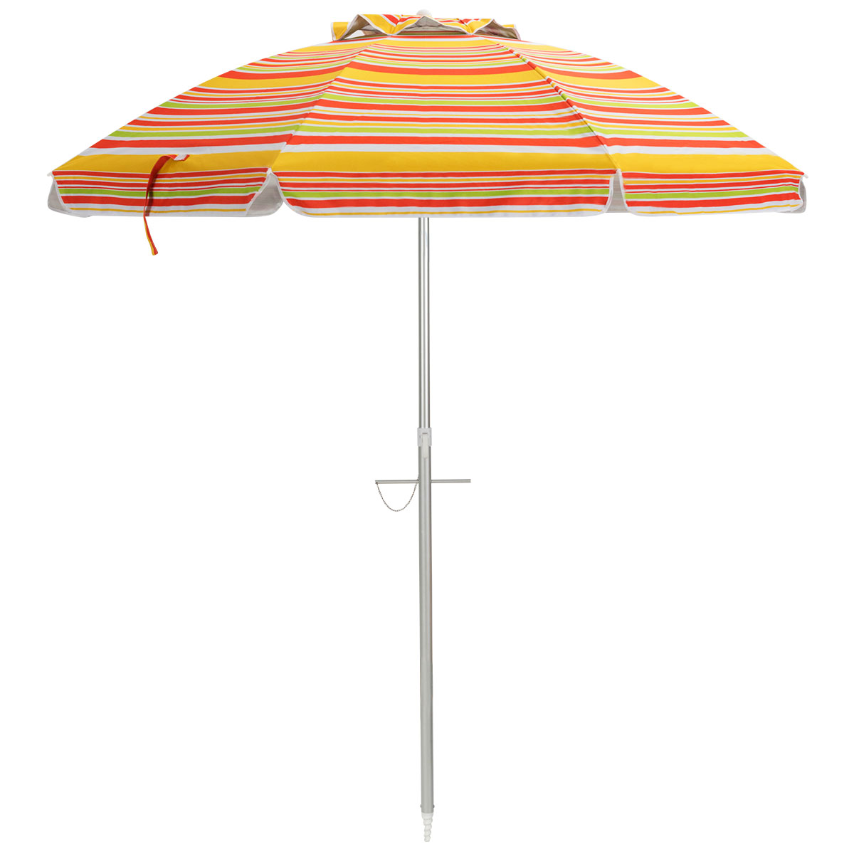 Gestreifter Sonnenschirm mit gelben, orangen und weißen Streifen, silberner Stange.