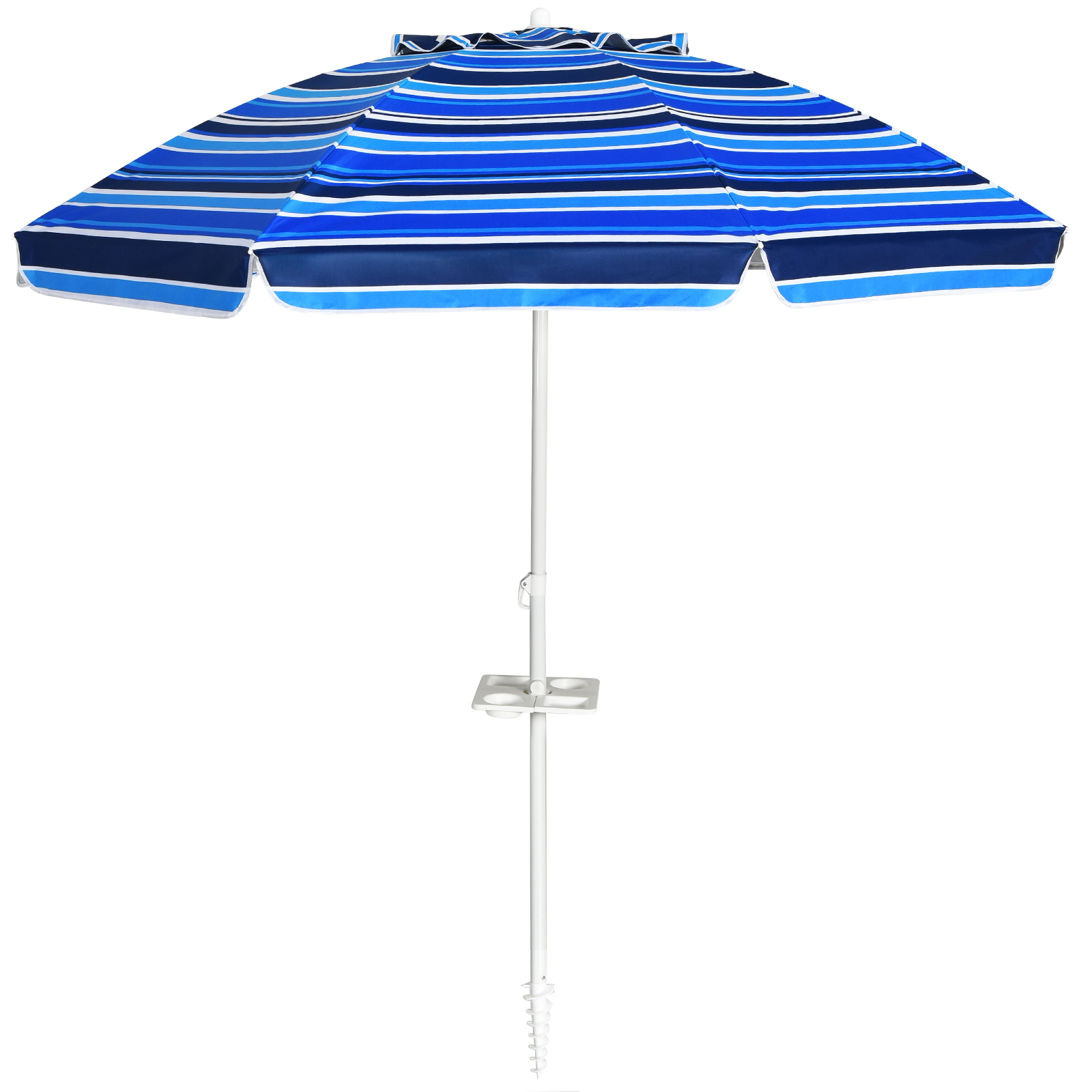Strandsonnenschirm mit blau-weißen Streifen, weißem Pfahl und zwei Getränkehaltern. Weißer Hintergrund.