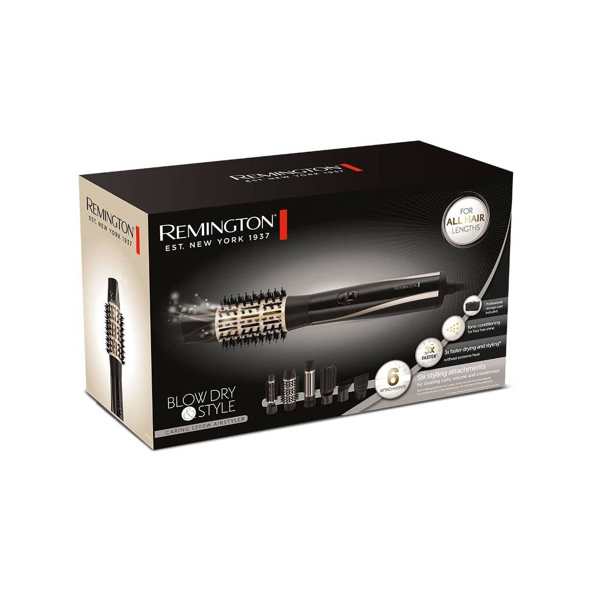 Box für einen Remington Haarstyler, schwarz mit Produktbild und Text.