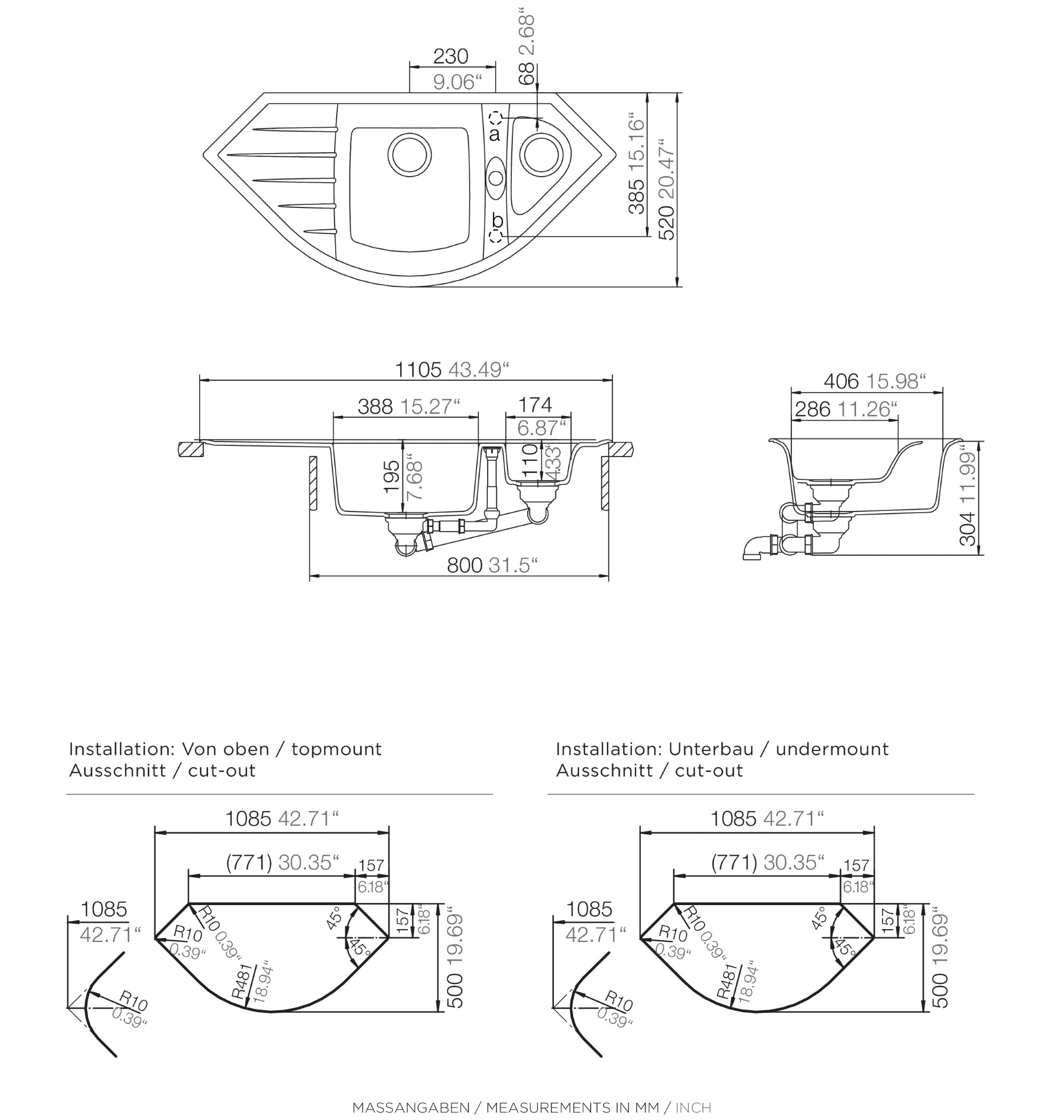 Diagramm eines Küchenspülbeckens mit Maßen und Abmessungen in mm und Zoll.