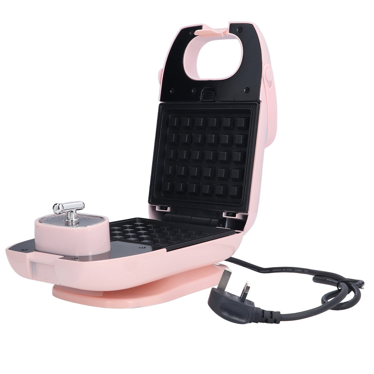 Rosa Waffeleisen, offen. Das Waffeleisen zeigt die Kochfläche, Stecker und Kabel sind sichtbar.