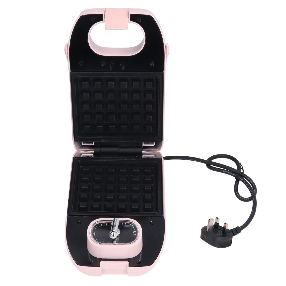 Rosa Waffeleisen, geöffnet. Verfügt über Waffelformen, einen Timer und ein Netzkabel mit Stecker.