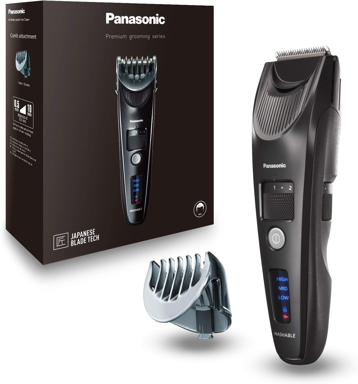 Schwarzes Panasonic-Pflegeset mit Trimmer, Kammaufsatz und Box auf Weiß.