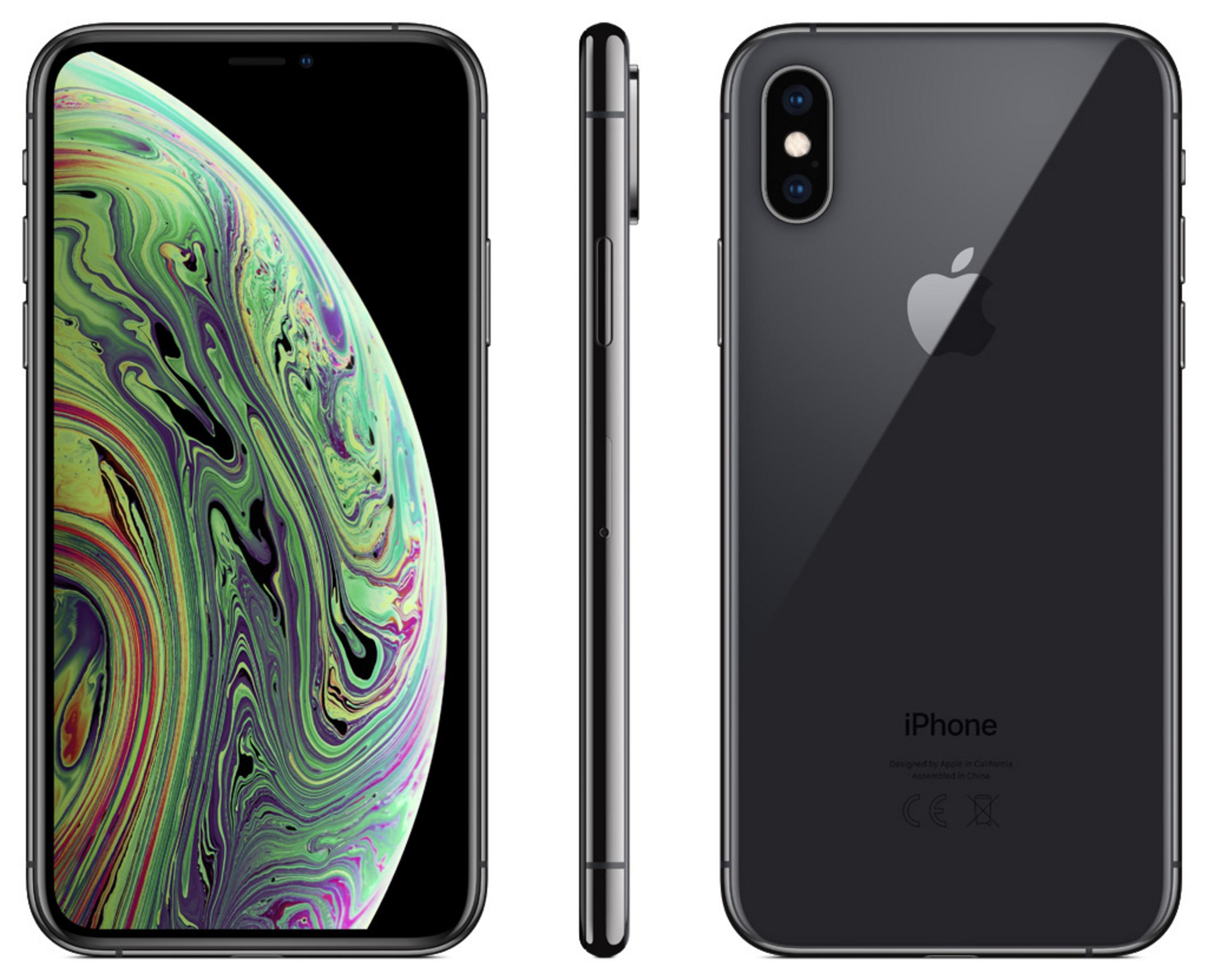 iPhone XS w trzech widokach: przód, bok i tył. Pokazuje ekran i aparat.