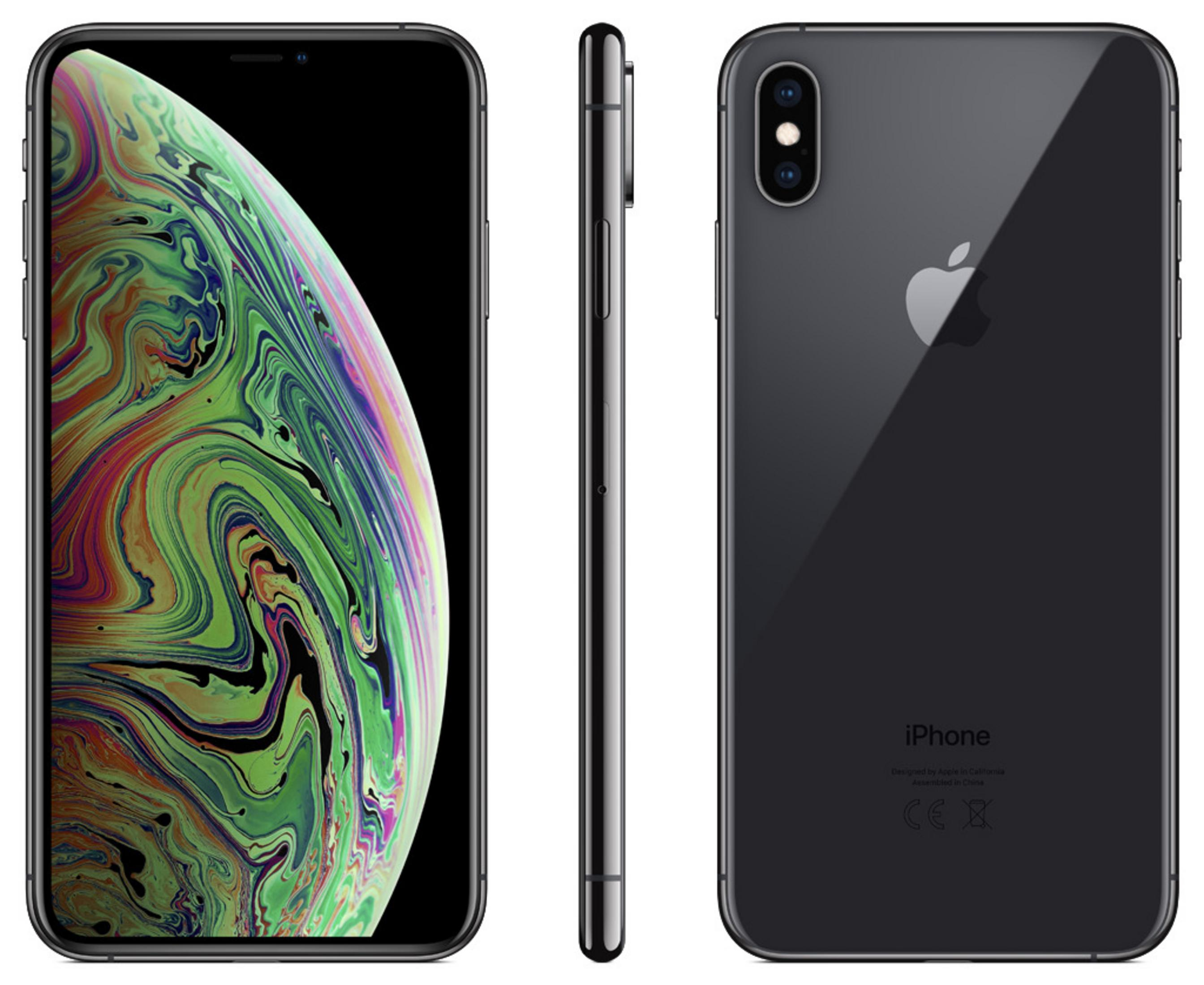 Trzy widoki iPhone'a XS Max. Pokazuje przód, bok i tył telefonu.